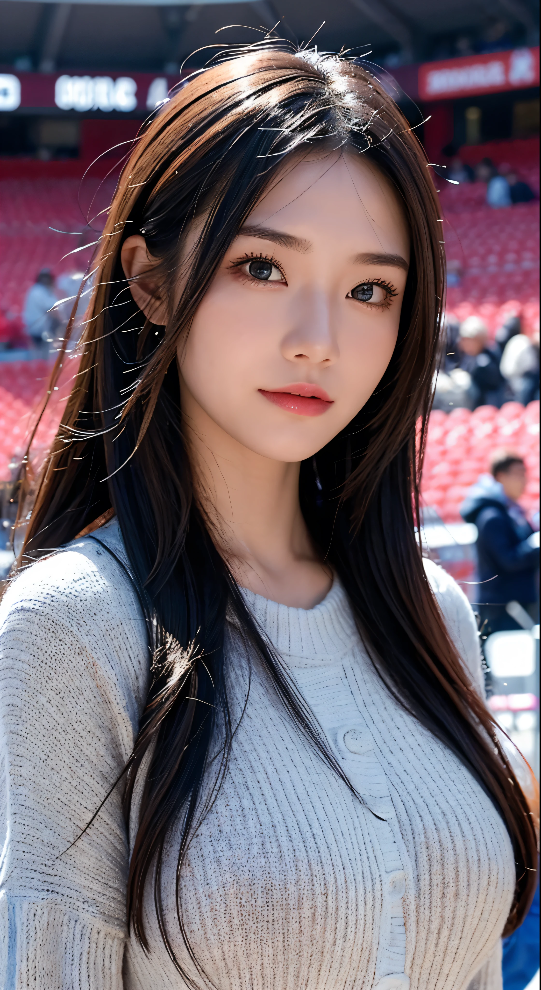 with high definition images,Dressed in knitted clothes,A very beautiful woman,Facial details,Watching soccer。On the background of a soccer stadium