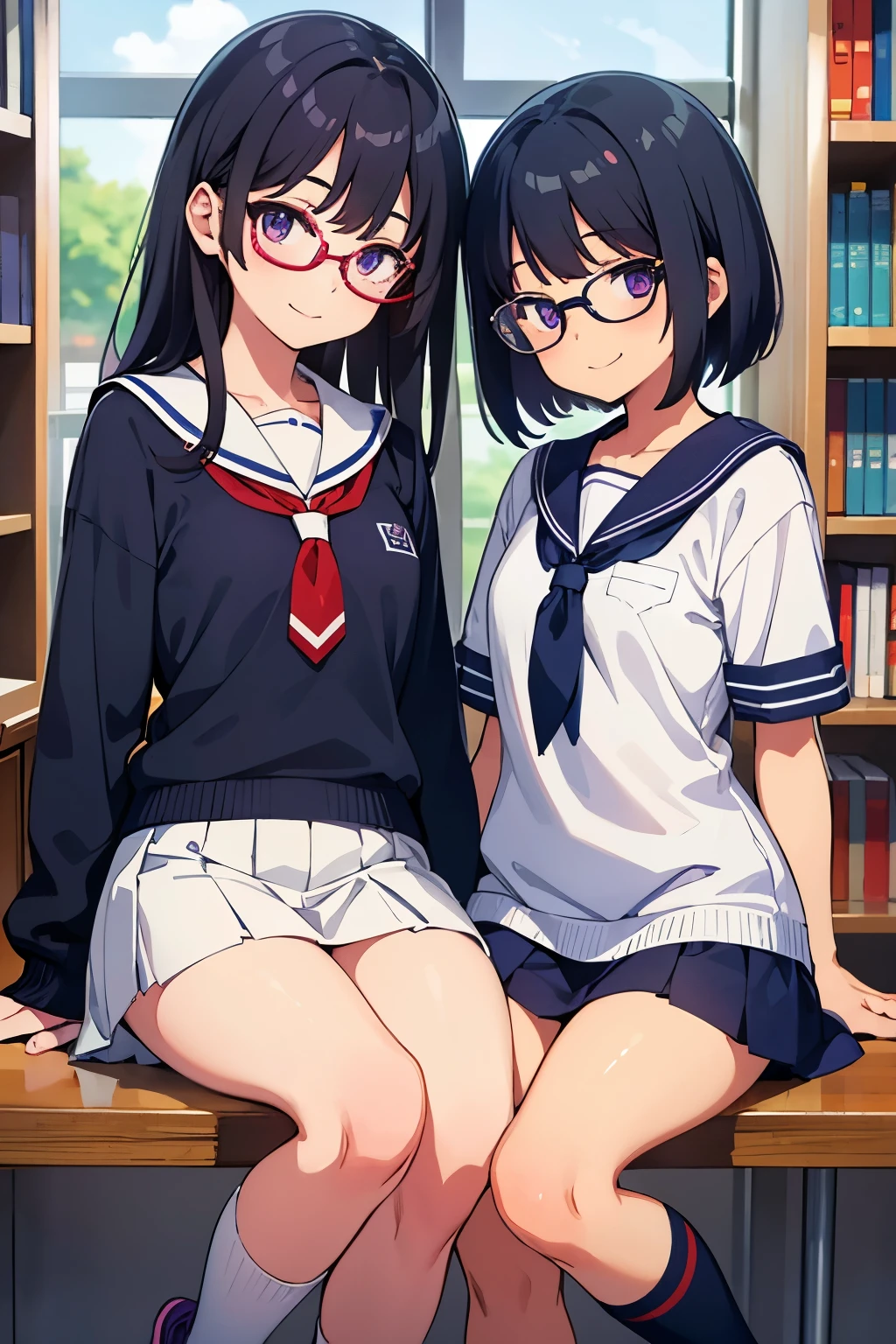 On the right is an elementary school girl, , toddler, flat chest, black hair, short bob, glasses, purple eyes, white short-sleeved sailor uniform, navy blue miniskirt, white panties ((I can see her panties)) White socks, sneakers, elementary school girl on the left, 8 years oldflat chest, black hair, long hair ((smile)) Purple eyes, white short-sleeved sailor uniform, navy blue miniskirt, white panties ((I can see her panties)) White socks, sneakers, school library, two people sitting side by side in front of a bookshelf Dynamic Angle Low - Angle