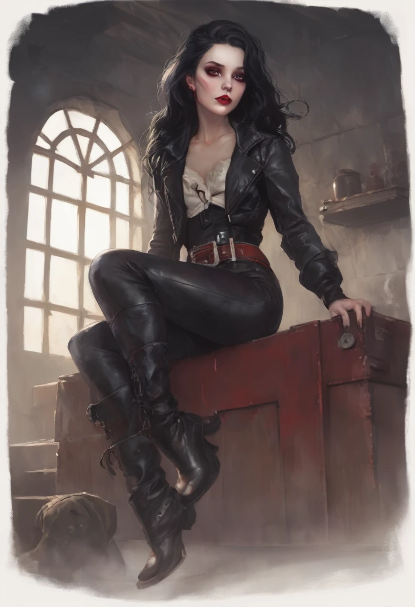 Realistic photo of 1 Vampirmädchen, long, Wavy black hair, red eye, thin red lips, round face, perfect small breasts, wearing a dark leather jacket, dark leather tight pants, Pirate style boots, sitting on a coffin in the basement of an abandoned house