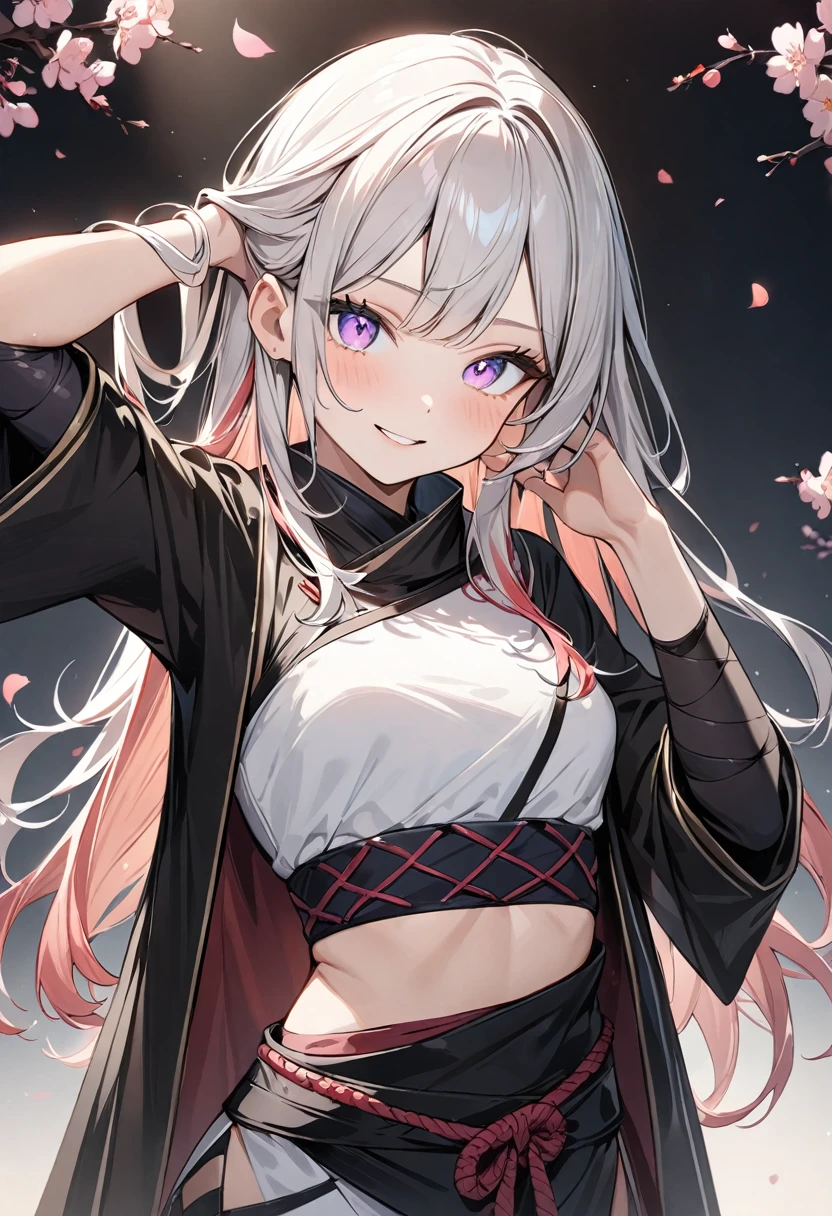 (masterpiece, top quality, very aesthetic, 4k、illustration), intricate detail, 1woman,contrapposto 、hand on own Hair,(upper body)、(),Cute 、light smile、Random Hair Color、,middle hair,sidelock ,Random Color　eyes、ninja clothes、small breasts、Slim 、