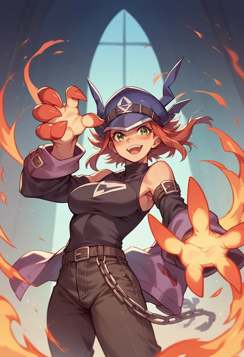 (((masterpiece))), (((best quality))), illustration, single character, game character, rpg character, female character, female necromancer. athletic girl. skimpy. dark-blue dress with golden details and lines, open dress. exposed legs. leather bracers. huge open cleavage, big gem necklace. tiny breasts. small titties. wide hips. perky butt. up turned hips. wavy short hair. flowing orange hair, olive eyes, sexy face expression. laughing smile. open hooded black cloak. orange hair. action pose. cosmic background, flat color background, anime character, 8k, awesome quality