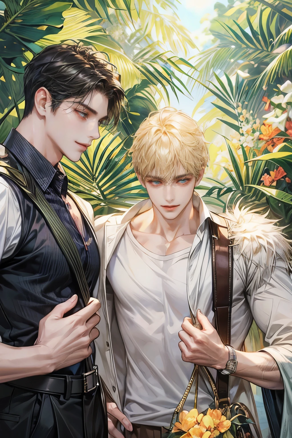 close-up look, Half-body image, {{Three handsome young male}} , wearing shirt and long pants, have shoulder bag, smiling, nature backgroung, soft light, hi-quarity, {{highly detailing}}, Masterpiece