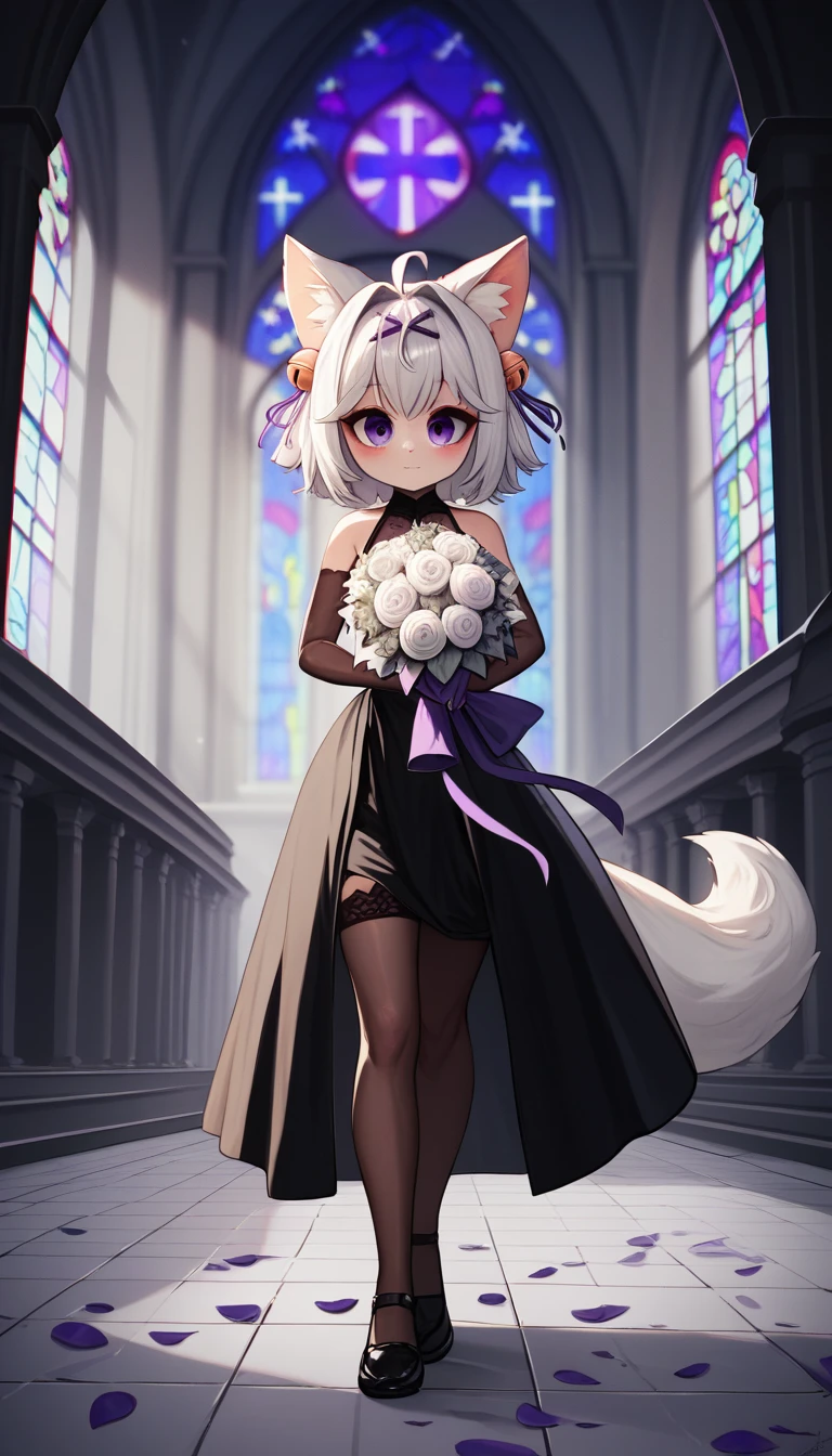 UHD, masterpiece, best quality, moody atmosphere, Midnight, Church, 1girl, tall, solo, Filian, fluffy fox tail, tail pointing down, small cat ears, white hair, short hair, ahoge, hairclip, hair bell, ((big eyes)), purple eyes, slight blush, seductive smile, a-line black gown, ((long black veil)), black bridal veil, black lace arm sleeves, black gloves, black lace stockings, black shoes with heals, full body pose, cross legs, standing straight, pageant pose, seductive pose, ((holding bridal bouquet with purple ribbon)), hidden hands, raining black and purple petals, ((falling petals))