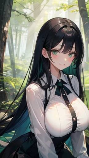 Long black hair、Emerald Eyes、smile、Black Skirt、in the forest,Big Breasts