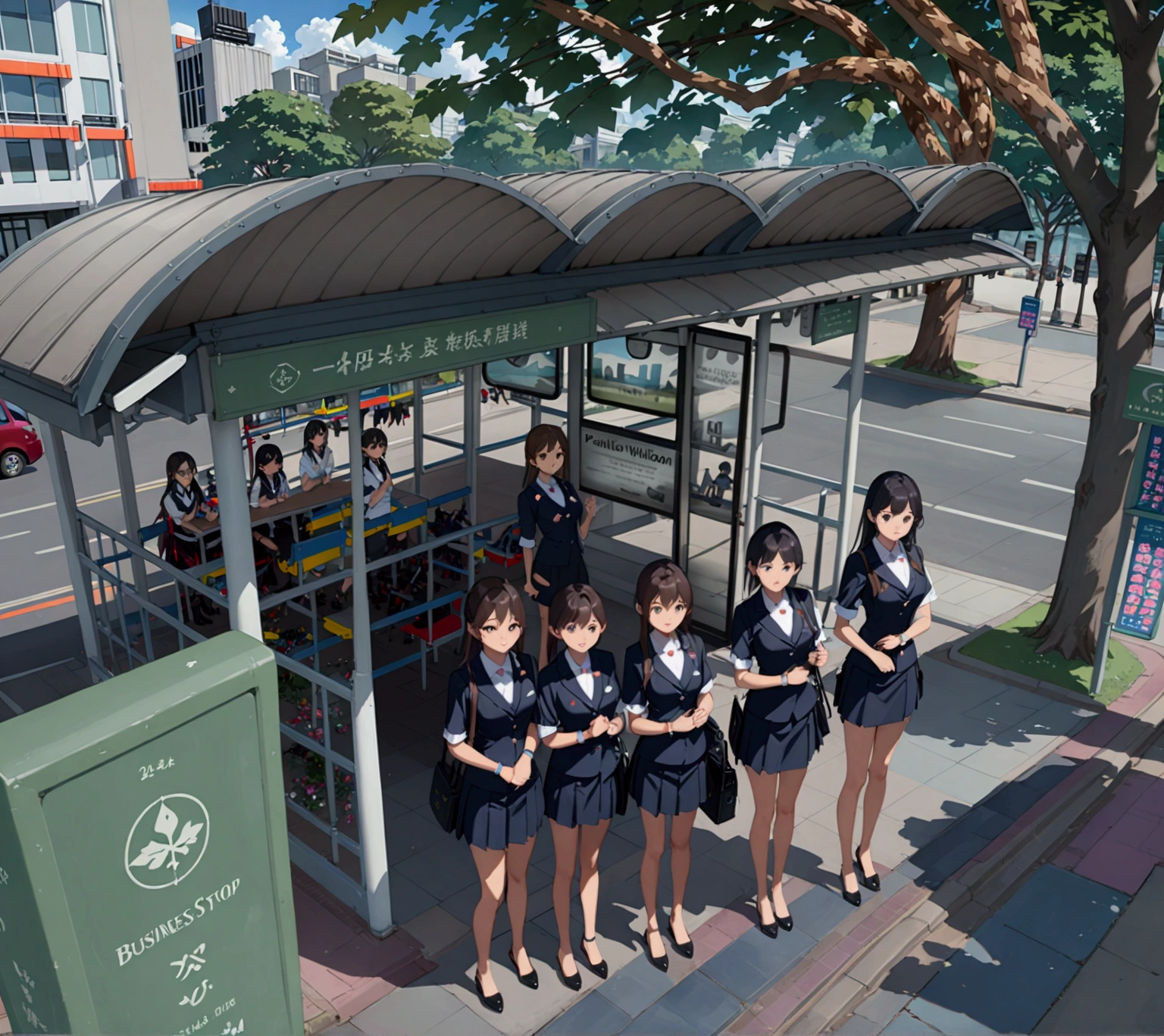 realistic anime of business young student girls on bus stop pavilion, (their business outfit), (masterpiece, best quality)