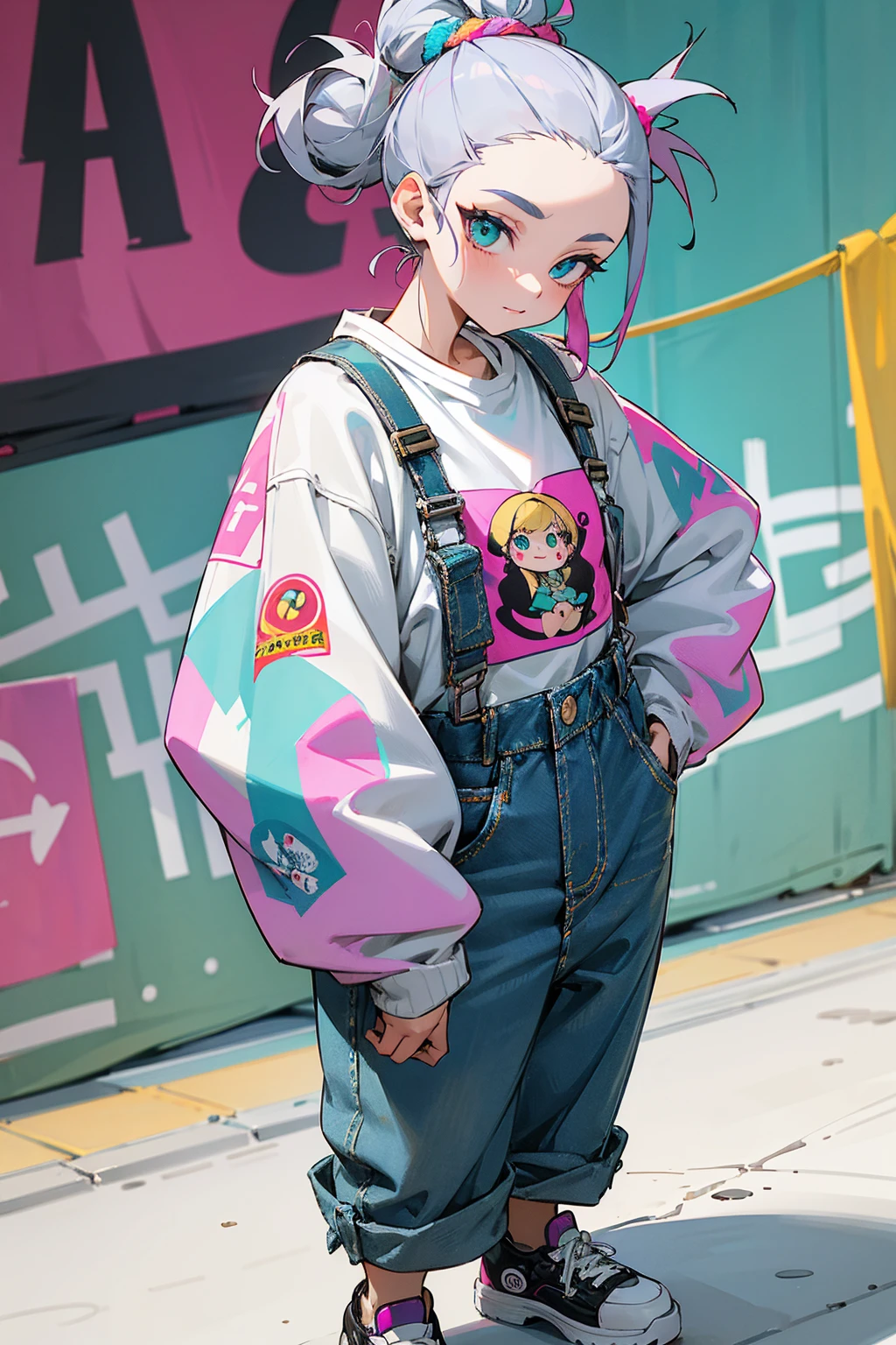 1female, ash gray hair, styled in a high, messy bun, striking turquoise eyes, playful expression, oversized lavender sweater with a quirky graphic print, baggy denim overalls, white platform sneakers, a casual black beanie, vibrant street festival background with colorful banners and food stalls, detailed face, hands to side, standing on path