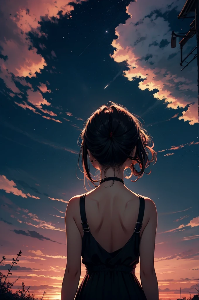 Black haired girl from behind, Looking up at the crimson evening sky
