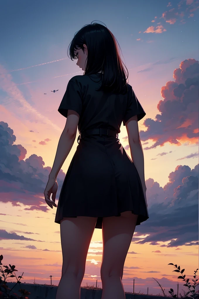 a afroHero (masterpiece, best quality), Female brunette, woman character, (((A scene unfolds as the protagonist gazes out the window, their eyes fixed on the distant cityscape. A mixture of curiosity and concern washes over their face as they witness a massive explosion lighting up the horizon. The city trembles in the wake of the blast, shrouded in smoke and chaos. Standing with their back to us, the character's silhouette frames the ominous scene, adding a sense of anticipation and mystery to the moment))), (comic style artwork with perfect anatomy), perfect body, transparent wet ultrathin white dress shirt unbuttoned, black knee high tights, (black short miniskirt), highly detailed--no outline