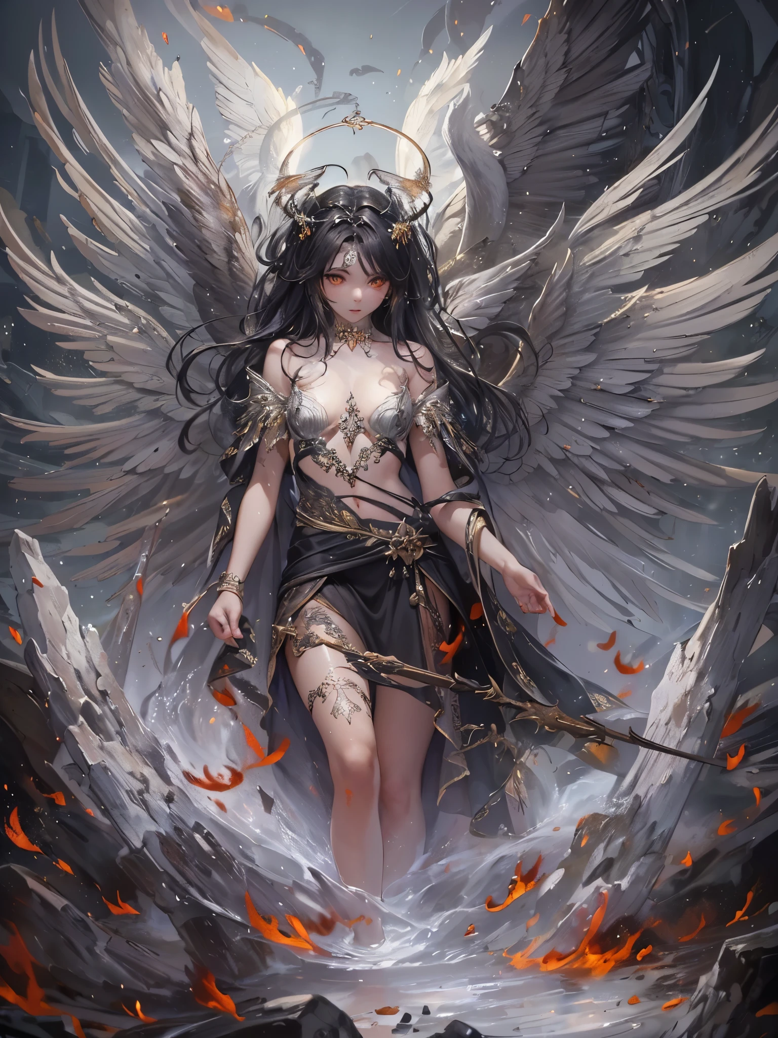((Highest quality)),(Ultra-high resolution),(Super detailed),(Detailed Description),((The best CG)),(masterpiece),Highly detailed art,(Art with precise detail:1.5), (Female fallen angel:1.4),(A dull glowing angel halo:1.6),(Blackened angel wings:1.6),(Shabby Angel's Clothes:1.4),(Determined red eyes:1.3), (A legend born in defiance of the gods:1.5), There is nothing to lose:1.4, Fight for love:1.6, Twinkling Constellations:1.6, wander:1.3,