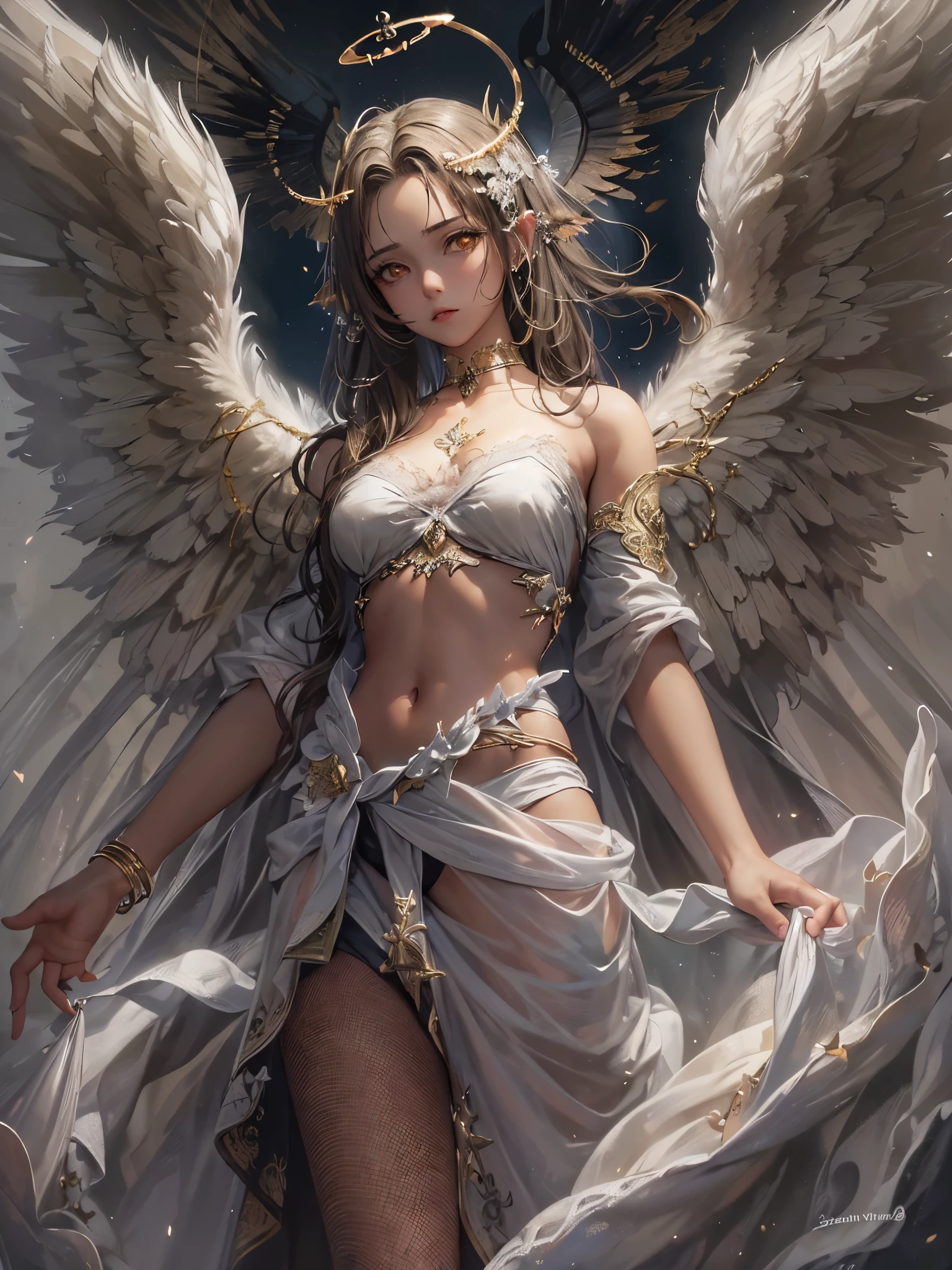 ((Highest quality)),(Ultra-high resolution),(Super detailed),(Detailed Description),((The best CG)),(masterpiece),Highly detailed art,(Art with precise detail:1.5), (Female fallen angel:1.4),(A dull glowing angel halo:1.6),(Blackened angel wings:1.6),(Shabby Angel&#39;s Clothes:1.4),(Determined red eyes:1.3), (A legend born in defiance of the gods:1.5), There is nothing to lose:1.4, Fight for love:1.6, Twinkling Constellations:1.6, wander:1.3,