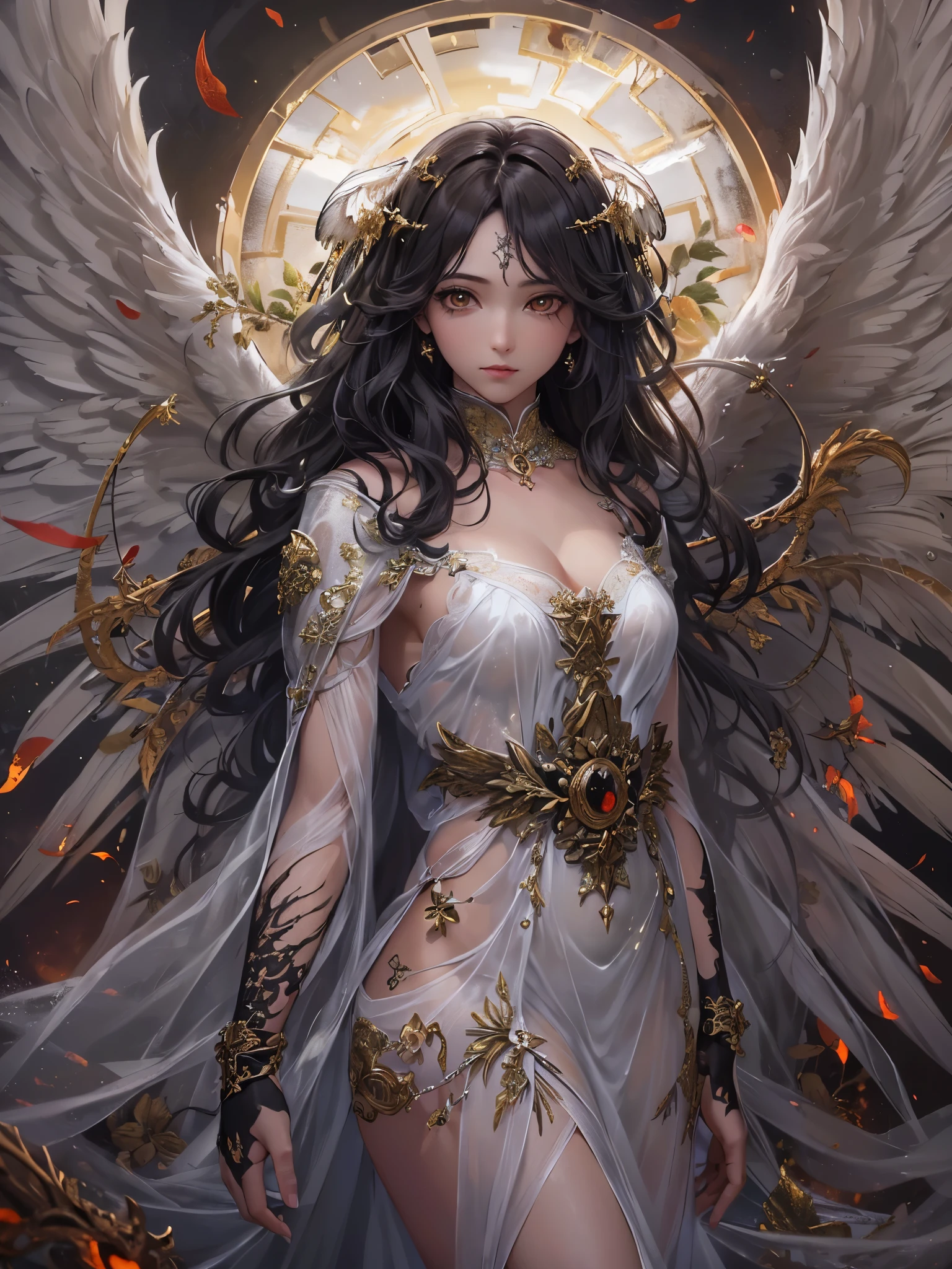 ((Highest quality)),(Ultra-high resolution),(Super detailed),(Detailed Description),((The best CG)),(masterpiece),Highly detailed art,(Art with precise detail:1.5), (Female fallen angel:1.4),(A dull glowing angel halo:1.6),(Blackened angel wings:1.6),(Shabby Angel&#39;s Clothes:1.4),(Determined red eyes:1.3), (A legend born in defiance of the gods:1.5), There is nothing to lose:1.4, Fight for love:1.6, Twinkling Constellations:1.6, wander:1.3,
