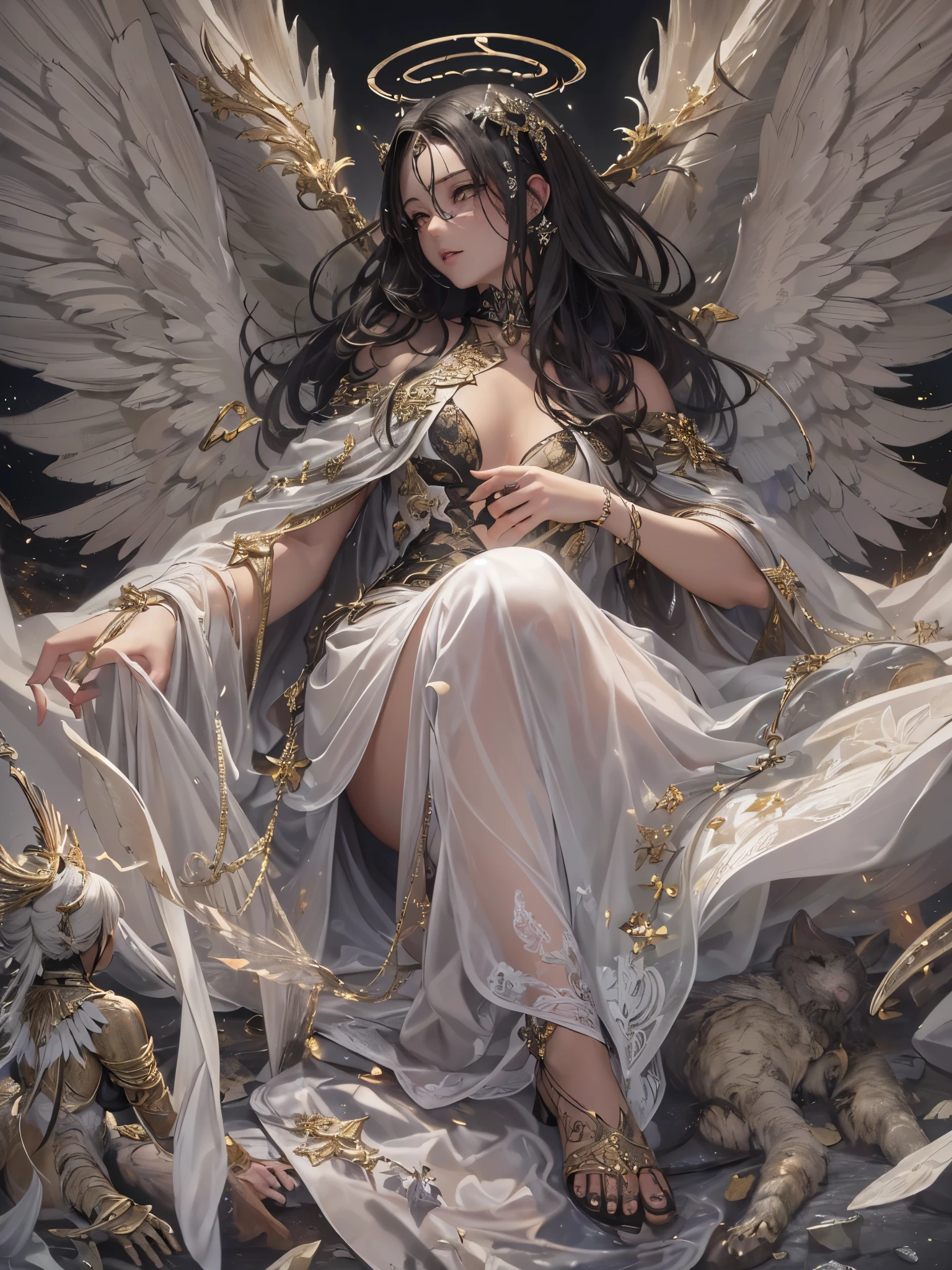 ((Highest quality)),(Ultra-high resolution),(Super detailed),(Detailed Description),((The best CG)),(masterpiece),Highly detailed art,(Art with precise detail:1.5), (Female fallen angel:1.4),(A dull glowing angel halo:1.6),(Blackened angel wings:1.6),(Shabby Angel's Clothes:1.4),(Determined red eyes:1.3), (A legend born in defiance of the gods:1.5), There is nothing to lose:1.4, Fight for love:1.6, Twinkling Constellations:1.6, wander:1.3,
