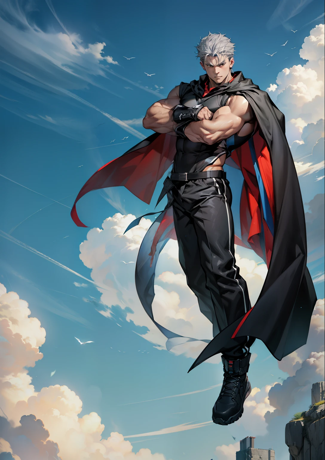 boys 26 Years old, Serious face, muscular, ((black singlets)), black pants, black hair, floating on air, levitate on sky, blue sky, cloud