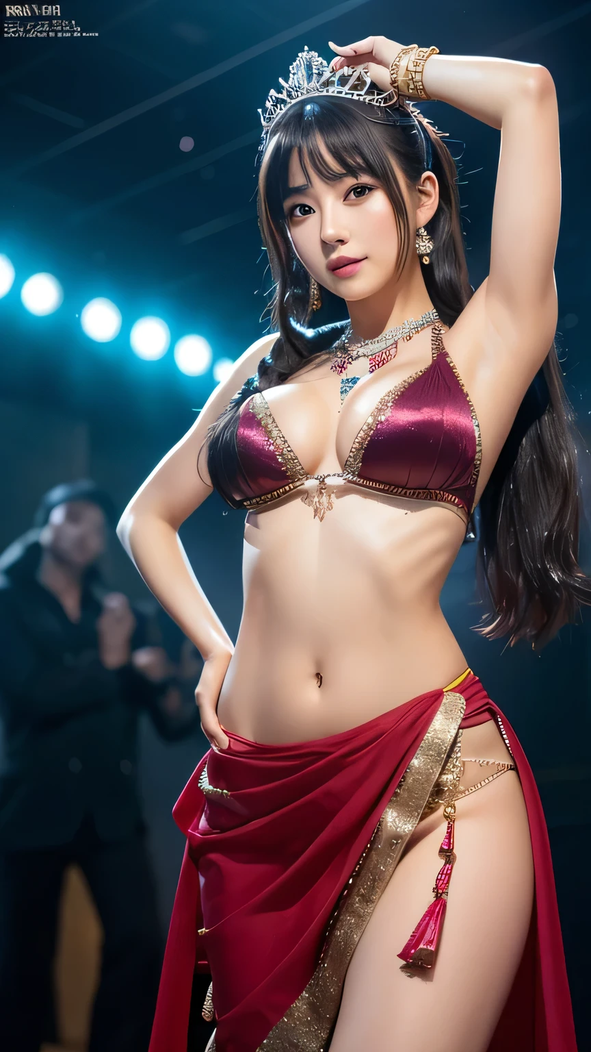 {inside:1.7, Indoor, dance stage, neon lights, background, Starry sky, constellations, full of stars, night, midnight, Belly dancing:1.4, splashing sweat.}, (20 yrs, Japanese Female, Solo: 1.3), dark hair, pony tail:1.3, pretty face, idol, smile, (shiny skin, smooth skin, slim body1.1, full body), 8K, best picture quality, masterpiece, raw photo, super quality: 1.2, attractive, dramatic lighting, beautiful eyes, perfect anatomy, look at me, (wide angle: 1.3 , posed, candid, facing front), (nsfw: 1.5, big tits: 1 .7, cleavage, Saree, bellydancer, Tiara, open chest)