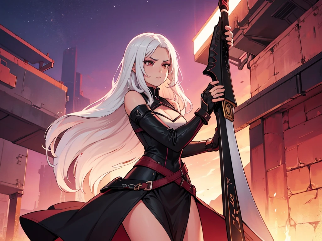 The character is one girl with long straight white hair and brown eyes. She is wearing a black bodycon dress she has a serious expression on her face, she is holding a sword. The background features a pink sunset. 