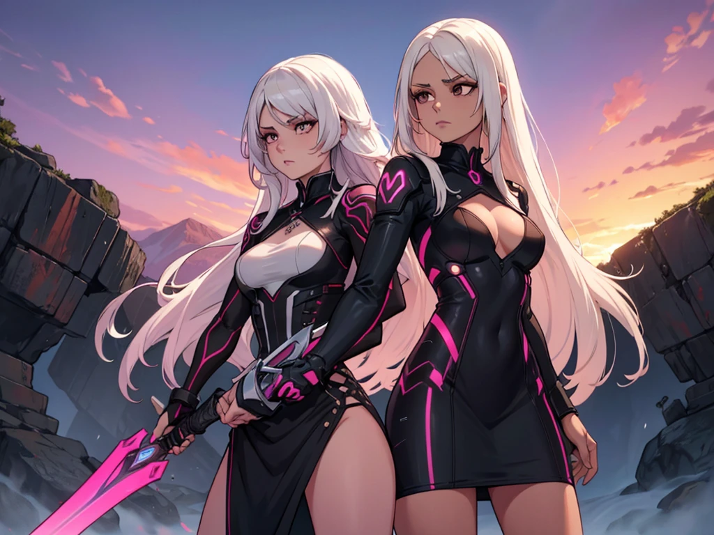 The character is one girl with long straight white hair and brown eyes. She is wearing a black bodycon dress she has a serious expression on her face, she is holding a sword. The background features a pink sunset.