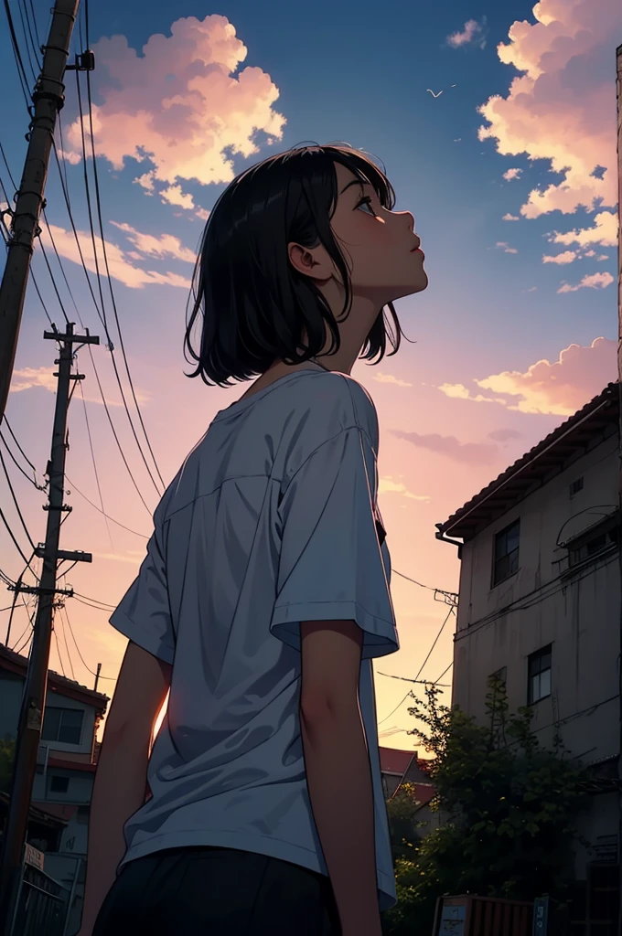 Black haired girl from behind, Looking up at the crimson evening sky
