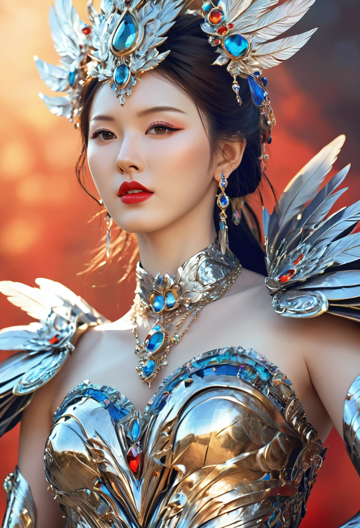 Beautiful Korean idol girl, (fractal art:1.3), (colorful colors), highest detailed, 1girl, huge breasts, (crystal feather armor), makeup, red lips, necklace, earrings, pale skin, the creamy smooth skin, wide pelvis, fighting stance, (upper thighs shot:1.3),
Rafael Albuquerque, art _style,
(masterpiece, top quality, best quality, official art, beautiful and aesthetic:1.2), extreme detailed,