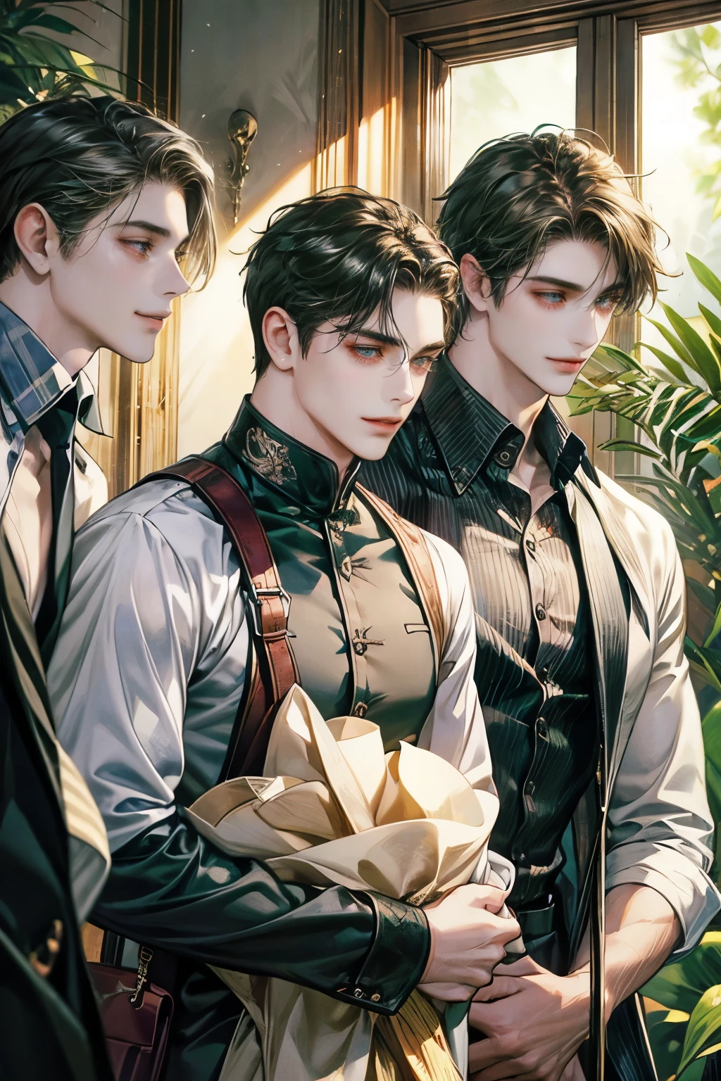 close-up look, Half-body image, {{Three handsome young male}} , wearing shirt and long pants, have shoulder bag, friens, smiling, nature backgroung, soft light, hi-quarity, {{highly detailing}}, Masterpiece