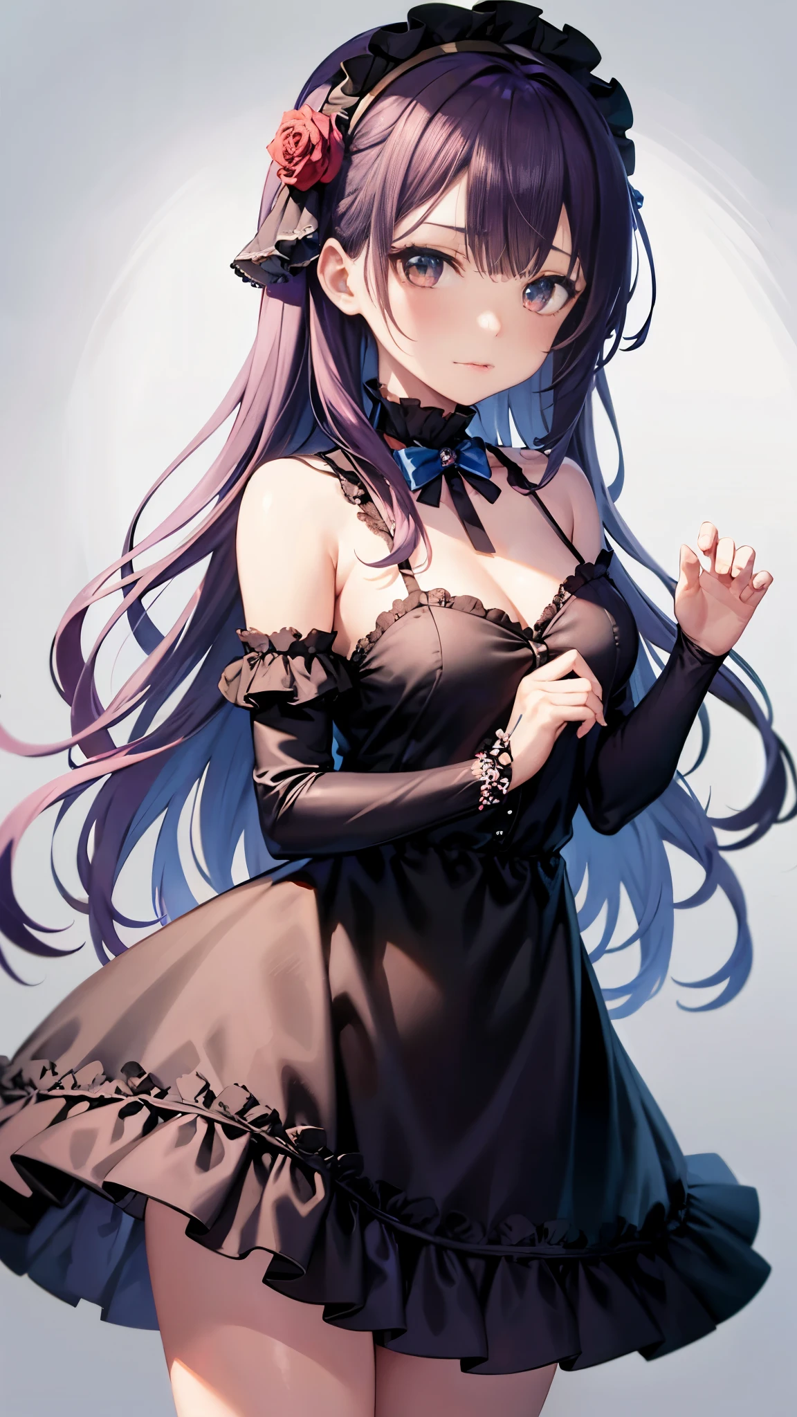 (NSFW), (Adult Anime), (Moody Atmosphere), (Chibi Cute Studio's Creation), (Animated GIF), (Extremely Cute), (Highly Detailed 8K Wallpaper), (One Girl) wearing a cute dress, with long, wavy purple hair adorned with a cute floral headband, wearing silk gloves, having fair skin, possessing two unique colored eyes, one green and one blue, (cute) as she subtly reveals her charm.