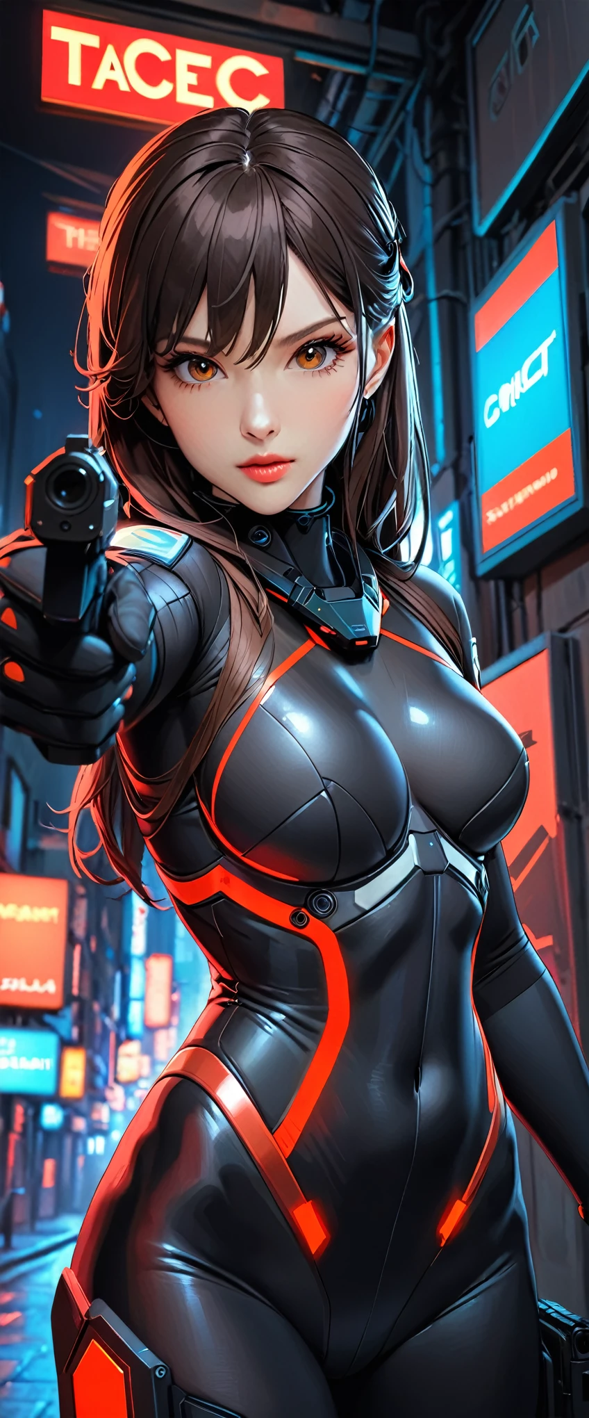 (masterpiece:1.2,Highest quality,Highest quality,Very detailed:1.2),8k,wallpaper,(One Woman),(A futuristic female SWAT officer holds a gun in both hands),(((pointing pistol:1.6))),((Extremely form fitting black tactical bodysuit:1.6)),(Tactical Headset),(Tactical Holster),(Tactical Gloves),BREAK(Serious),(ponytail),(Black Hair),(Beautiful Face),(Beautiful Eyes),(Beautiful Eyes),(Very detailedな顔),(Very detailedな目),(Very detailedな女性の手),(Muscular),(sexy),(Big Breasts),(Thick thighs),(Beautiful body),(((The background is the neon streets of a future city:1.6))),(cyber punk:1.6),(((Hand,detailed,perfect,perfection,hands))),(Beautiful female hands),(Accurate hand drawing),(The electronics attached to the bodysuit are glowing red.:1.6),(brown eyes:1.6)