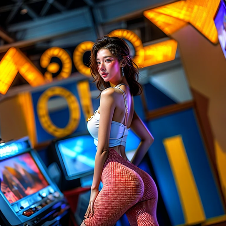 GameShow event girls in sexy costume, (((Song Joo A))) clearly visible the shape of Butt, Full of (Game machine),(pleasure in heaven, life and eternity). (Full body shot:1.2),intricate,ultra detailed,expression art,grand scale,epic,zoomed out,wide angle. (ExtremelyDetailed Beautiful face). (Exposed:0.44)