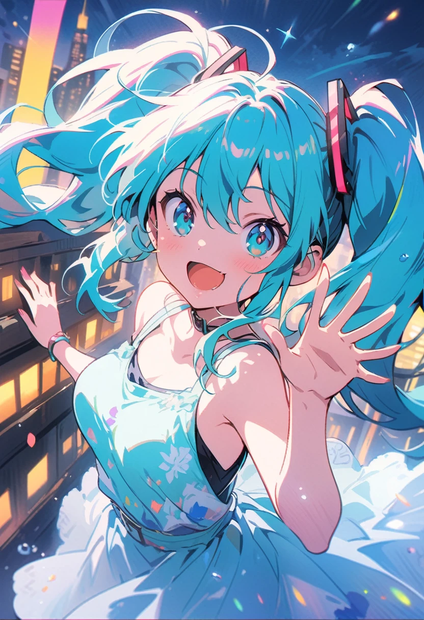 (Highest quality,4K,8k,High resolution,masterpiece:1.2),Very detailed,Vibrant colors,Beautiful details,Beautiful lip detail,e girl with long turquoise twin tails,stylized cel shading,Dynamic pose,Neon cityscape background,Singing on the rooftop,Anime-style artwork,Happy and cheerful expression,Lens flare,The city lights in her eyes,hatsune miku