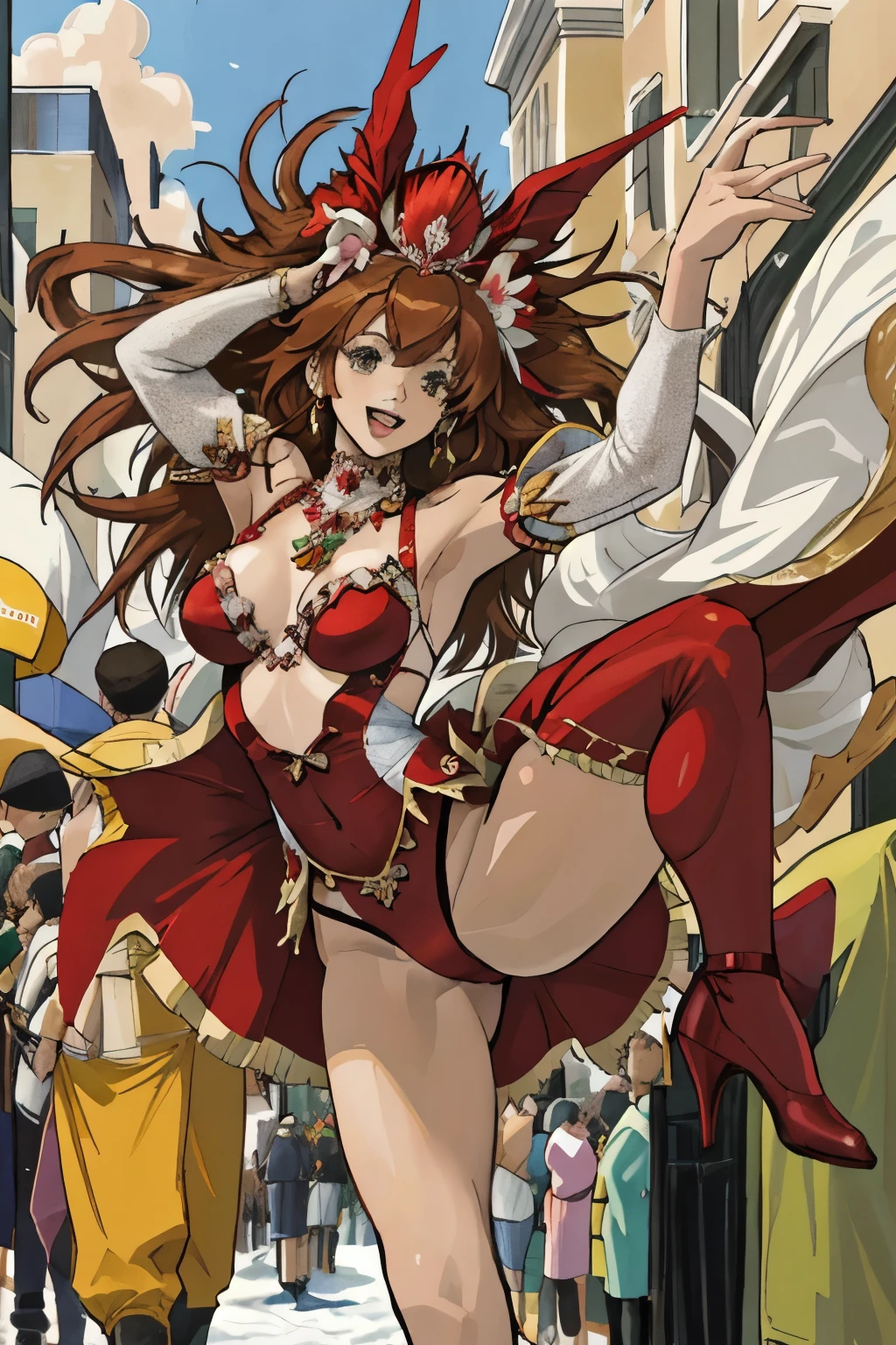 Highest quality, Official Art, masterpiece, Fabric Shading, High resolution, Very detailed, colorful, Best details, Red high leg samba micro costume:1.5, Microwave is fine:1.9 Yuki Mori:1.5, 1 female, Age 25, Brown Hair, Medium Hair,Big Ass:1.9, {{{{{Dancing enthusiastically in a parade:1.9}}}}}, Standing on one leg, A bustling boulevard, sunny, skinny, {{Surrounded by male photographers:1.9}}, She has been photographed by many male photographers..:1.7, There is a snowstorm, Blessed, welcome:1.5, Camel Toe:1.9, Ground level shot