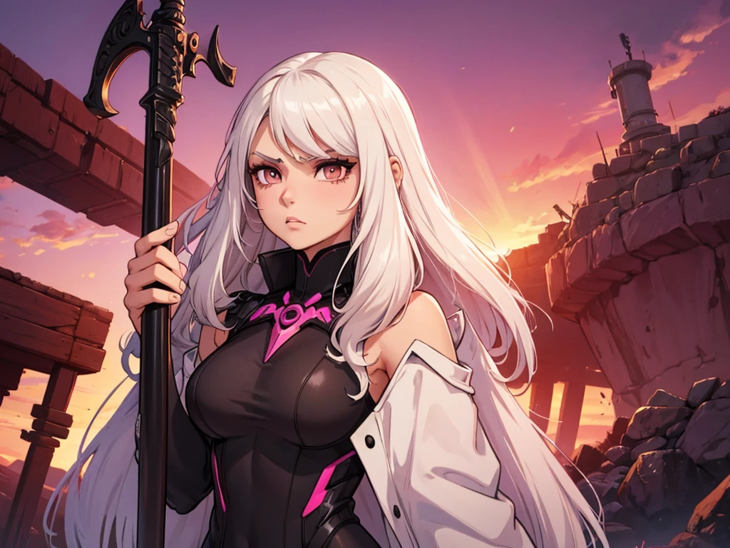 The character is one girl with long straight white hair and brown eyes. She is wearing a black bodycon dress with pink she has a serious expression on her face, she is holding a sword. The background features a pink sunset.