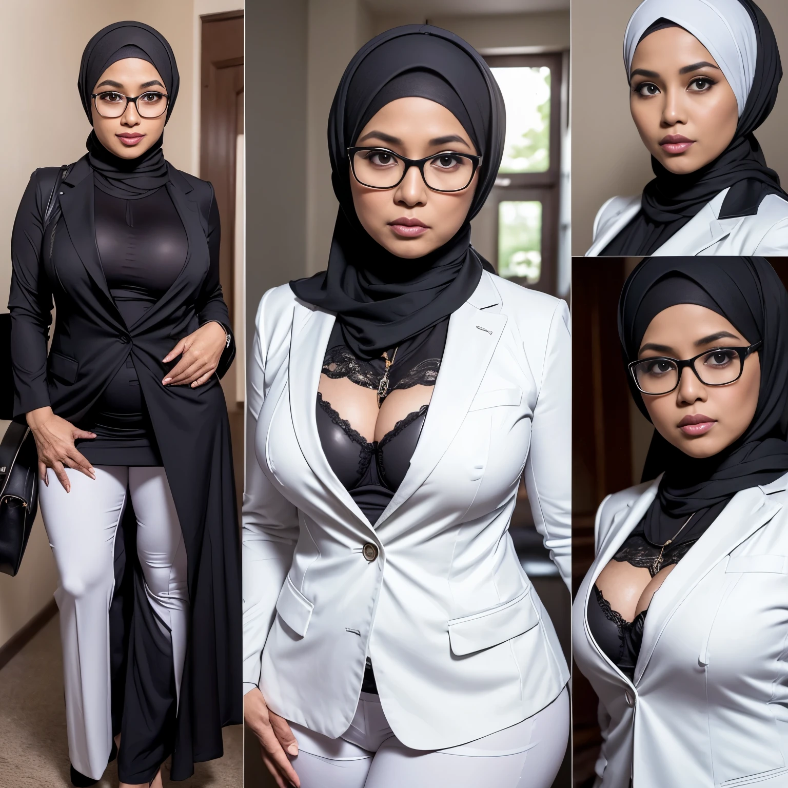 56 Years Old, ((Beautiful Hijab Nerdy Indonesian Mature woman, Headmaster Of Kindergarten school)), White Porcelain skin, (HUGE MILKERS), Curvy body, wearing Blazer, ((Tight Unbuttoned Blazer)), ((Sport Bra)), (Curvy Body), Full body shot, Professional Photoshot, Professional High Lightning, At Daytime, Light Colour, 7560P, Canon EOS 250D, 128K UHDR Best Quallity, (((Multiple Photos In One Frame : 1.3)))