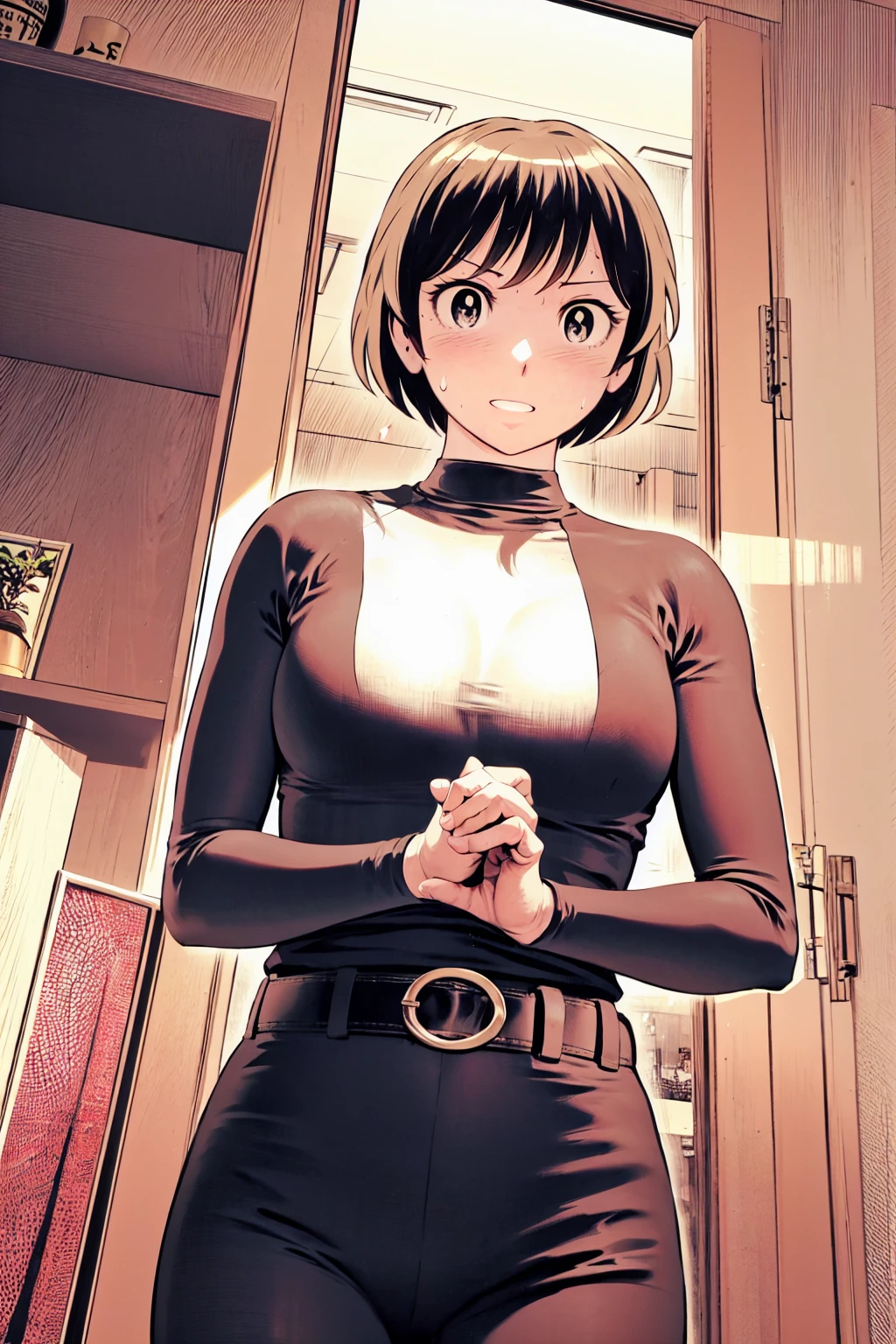 、(masterpiece、Highest quality)、Highest quality, Ultra-high resolution, (((masterpiece))), alone, Sweat、Big eyes,Tight black shirt、Tight white pants、belt、indoor、Composition from the front、（後ろCut your hair short、short hair、blonde、woman）、Shortcuts、Embarrassed face、Cut your hair short、可愛いwomanの子、Big Breasts、office