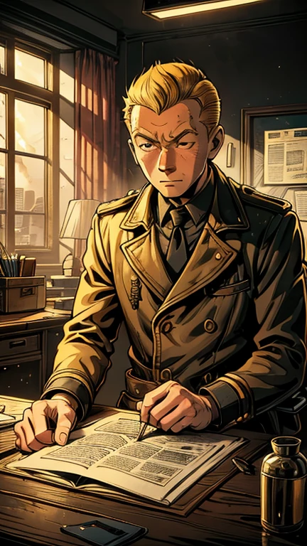 (1man, Tintin,1boy), (extremely detailed CG unit 8k wallpaper),(master part), (best quality), (ultra detail), (best illustration),(style of Dan Mumford), cowboy shot, (Sharp eyeliner, ombre, detailed eyes:1), siting behind a desk in an office, looking down at documents,night, 1940,noir ,break , (mad-sincity), upper body,short hair ,blonde hair, 