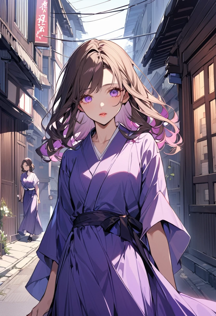 a young adult japanese woman 30s. Her hair is long and brown color. Her face is sad Her skin is radiant and clear, and her lips is pink. violet color eyes are captivating and beautiful. She is wearing a blue long-dress, and walking in the street of takayama