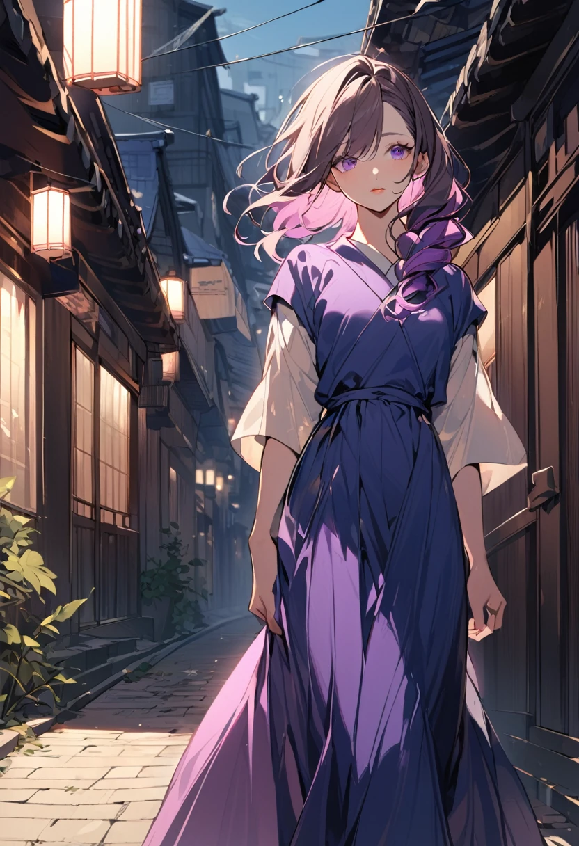 a young adult japanese woman 30s. Her hair is long and brown color. Her face is sad Her skin is radiant and clear, and her lips is pink. violet color eyes are captivating and beautiful. She is wearing a blue long-dress, and walking in the street of takayama