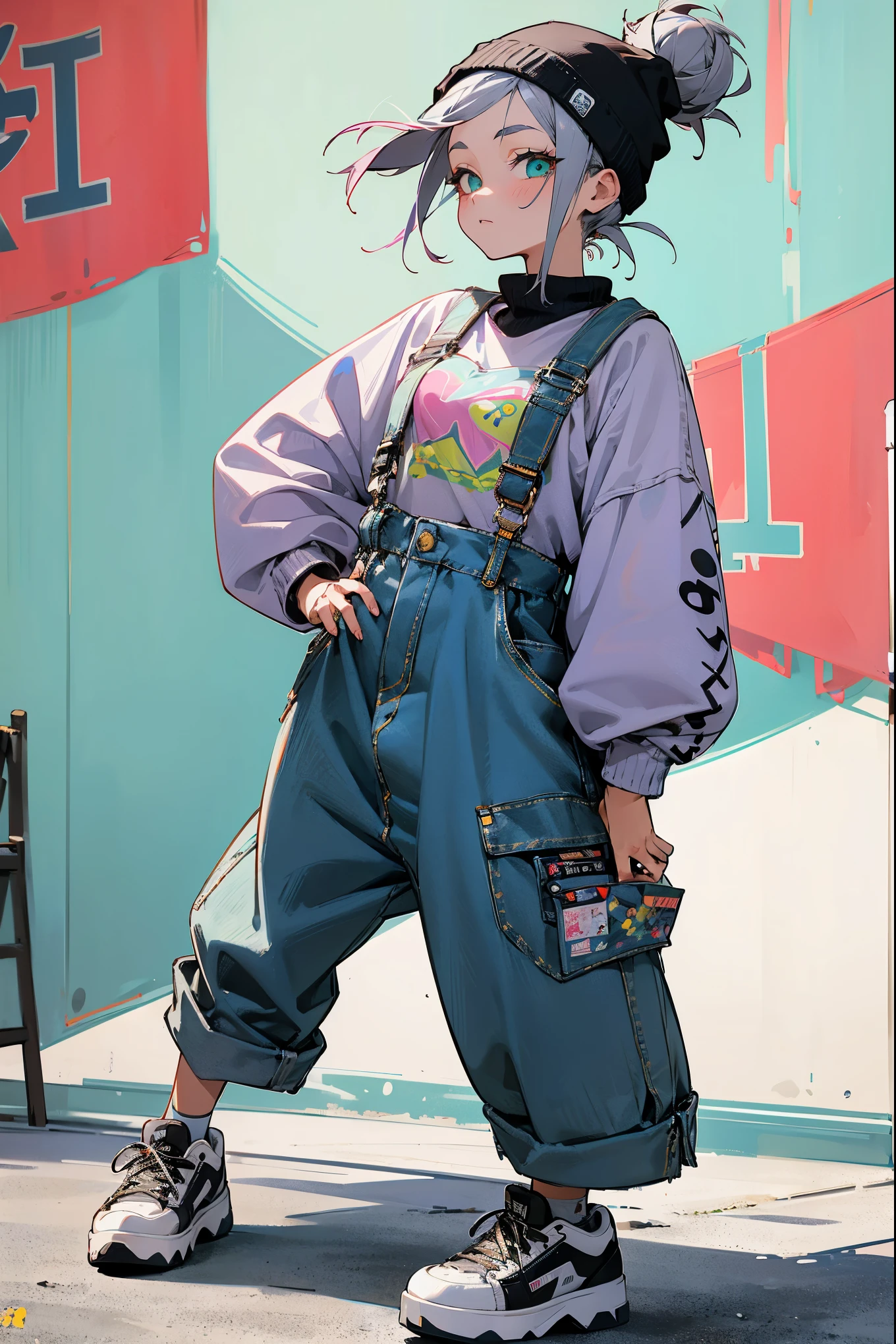 1female, ash gray hair, styled in a high, messy bun, striking turquoise eyes, playful expression, oversized lavender sweater with a quirky graphic print, baggy denim overalls, white platform sneakers, a casual black beanie, vibrant street festival background with colorful banners and food stalls, detailed face, hands to side, standing on path