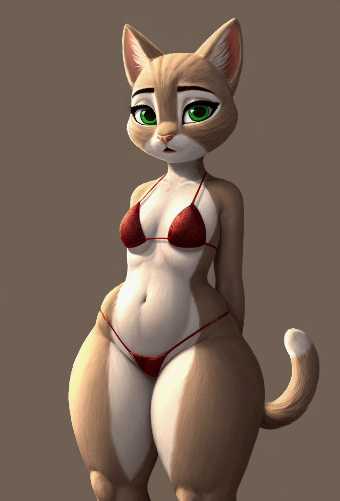 Slim cat girl with big buttocks and big thighs and has brown and white fur and cute green eyes ,  She is wearing a full body bikini and is 9 .