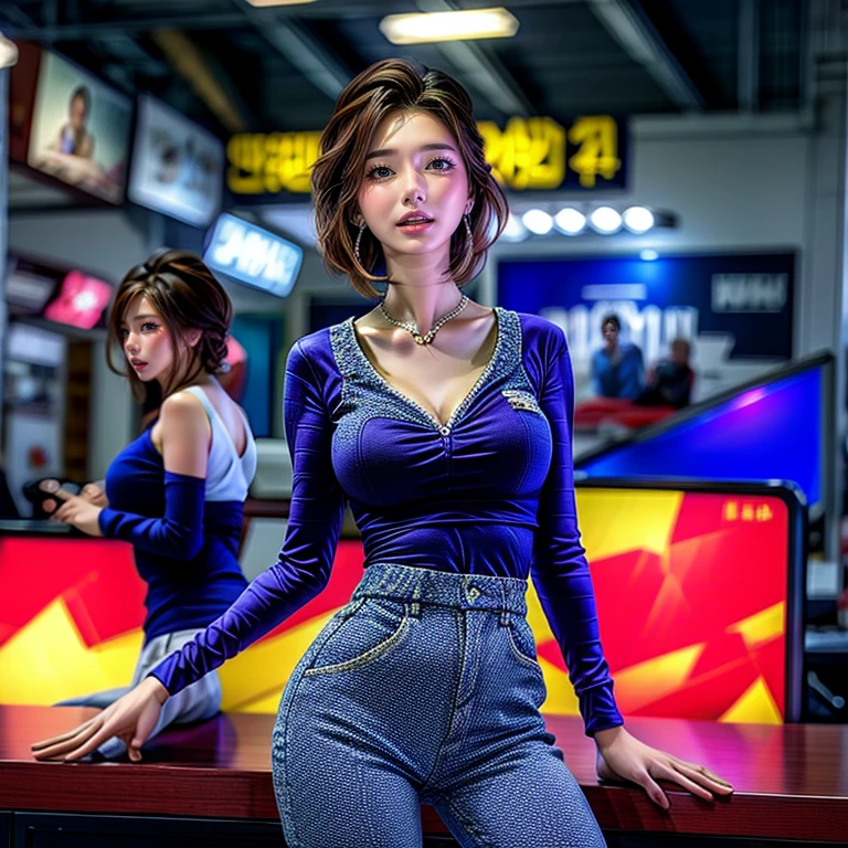 GameShow event girls in sexy costume, (((Song Joo A))) clearly visible the shape of Butt, Full of (Game machine),(pleasure in heaven, life and eternity). (Full body shot:1.2),intricate,ultra detailed,expression art,grand scale,epic,zoomed out,wide angle. (ExtremelyDetailed Beautiful face). (Exposed:0.55)