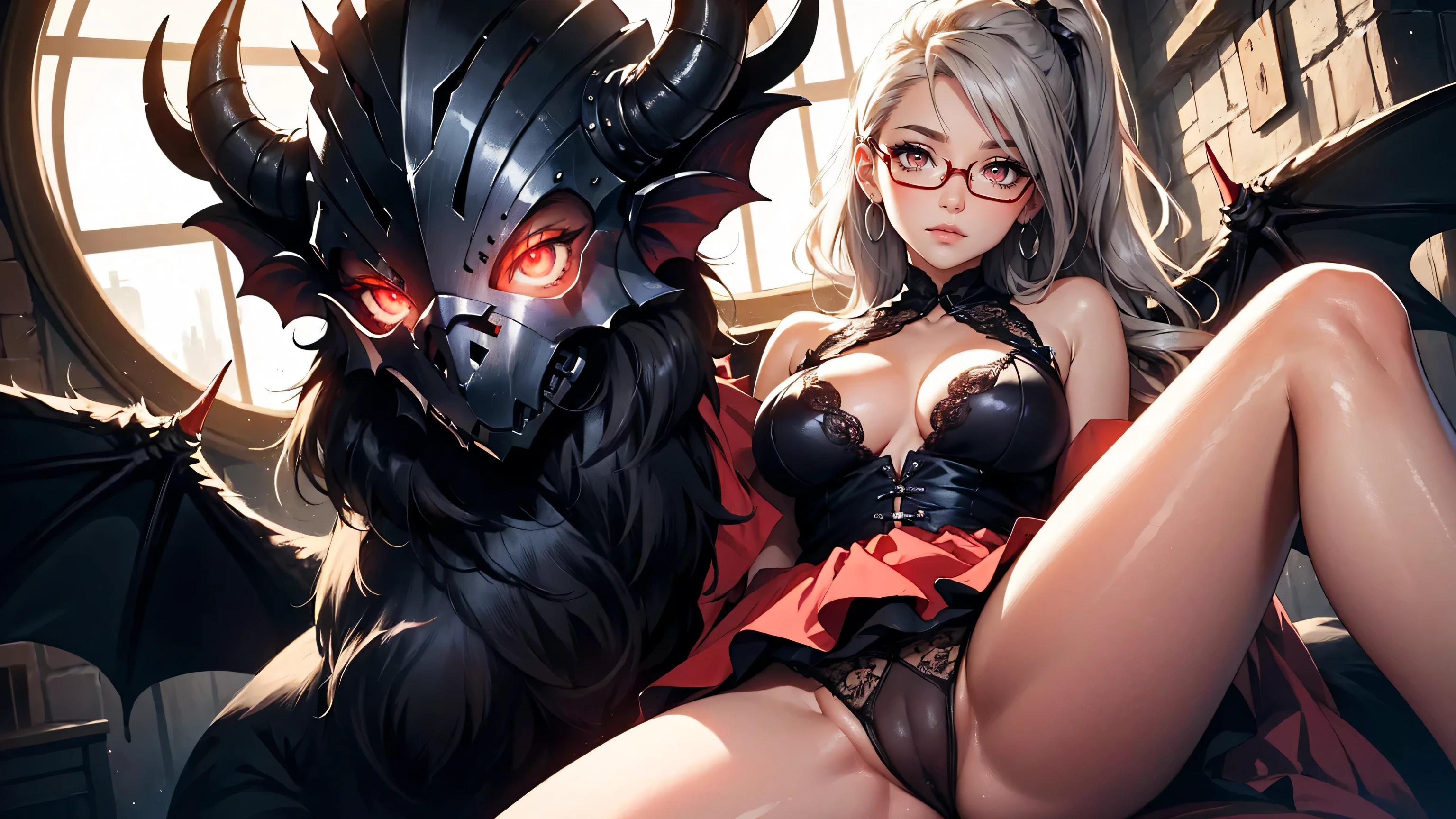 (The best illustrations)、realisitic、ultra-detailliert、The best lighting、Best Shadows、alluring succubus, ethereal beauty, perched on a cloud, (fantasy illustration:1.3), enchanting gaze, captivating pose, delicate wings, otherworldly charm, mystical sky, (Luis Royo:1.2), (Yoshitaka Amano:1.1), Dungeon and Dragon、caves、Dungeon、 A Necromancer、natta、Dark style、Succubus、Devil's Daughter、Bat Wings,(((Demon Hornlack-rimmed round glasses))))、(((Colossal tits)))、(red eyes glowing:1.6)、beautiful countenance、Tindall Effect、(High Detail Skins:1.2) absurderes、Ponytail distortion、jewely、Beautiful expression、Toned waist、Wide buttocks、Tindall Effectmasuter piece、top-quality、Highest Standards、Top image quality、masutepiece、intricate detailes、High resolution、Depth Field、natural soft light、profetional lighting、Great smile、(High Detail Skin: 1.2)、photorealistic anime girl render、Strong highlights of the eyes、Perfect Anatomy、crotch open、Shy、Spreading your legs、Panties are visible、Skirt flipping、Body shiny with oilerectile nipple))、8K resolution、intricate clothing、Intricate details、Panties visible through the skirt、Panties in full view、Small panties, pink nipple, pink pussy