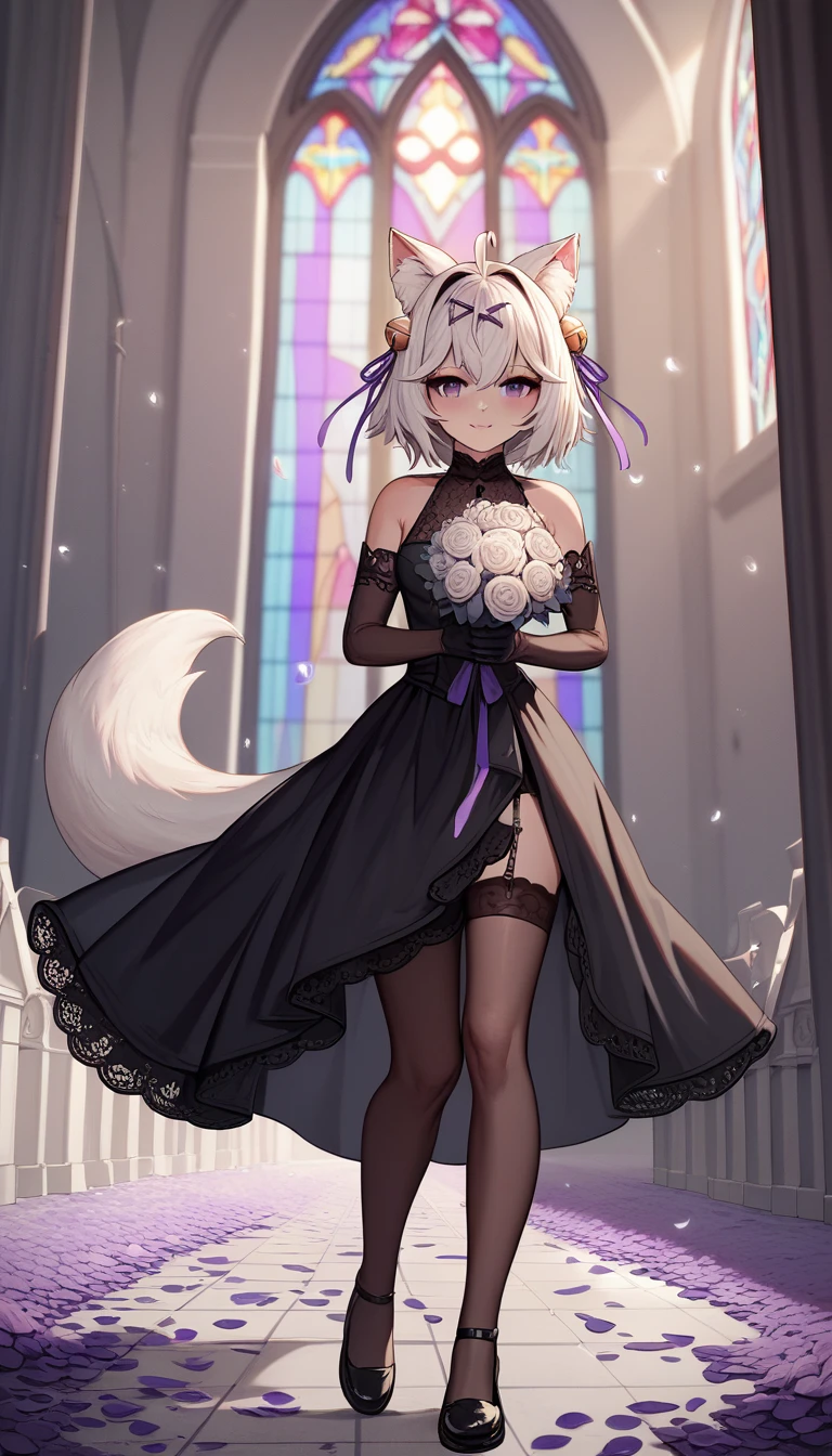 UHD, masterpiece, best quality, natural lighting, Church, infront of the altar, church isle, 1girl, tall, solo, Filian, fluffy fox tail, tail pointing down, small cat ears, white hair, short hair, ahoge, hairclip, hair bell, big purple eyes, slight blush, seductive smile, a-line black gown, long black veil, black bridal veil, black lace arm sleeves, black gloves, black lace stockings, black shoes with heals, full body pose, cross legs, legs crossing, seductive pose, holding bridal bouquet with purple ribbon, raining black and purple petals, ((falling petals))