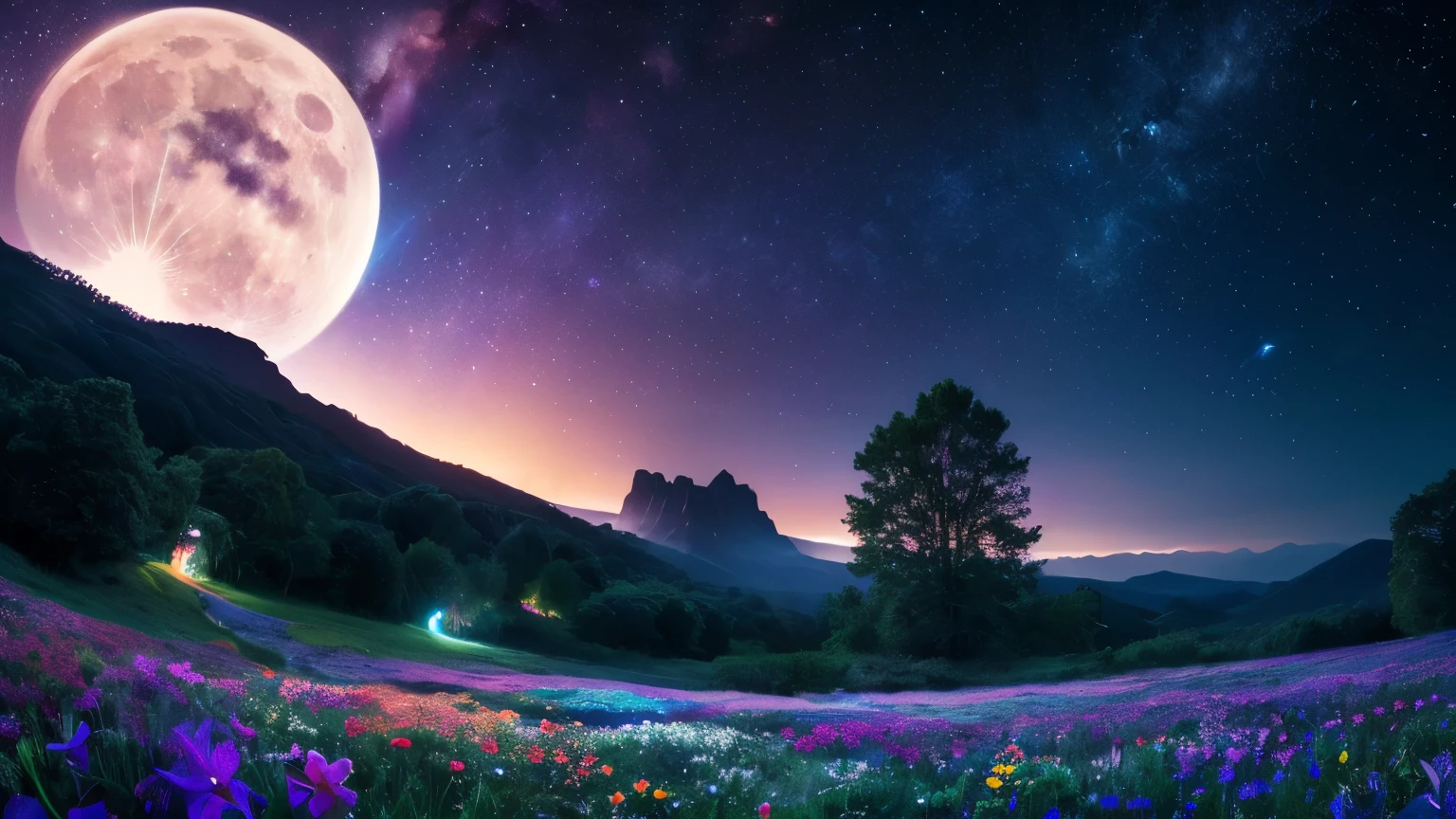 Vast landscape photography, (View from below。I can see the sky and the wilderness below.), Standing in a flower garden and looking up, (full moon: 1.2), (shooting star: 0.9), (nebula: 1.3), Distant Mountain, Treebreak Production Art, (Warm light source: 1.2), (fire Fly: 1.2), lamp, Purple and Orange, Intricate details, Volumetric Lighting Break (masterpiece: 1.2), (Highest quality ), 4K, Very detailed, (moving composition: 1.4), Extremely detailed and colorful (Iridescent: 1.2), (Sparkling Lights, Atmospheric lighting), dream-like, Magic, (alone: 1.2)