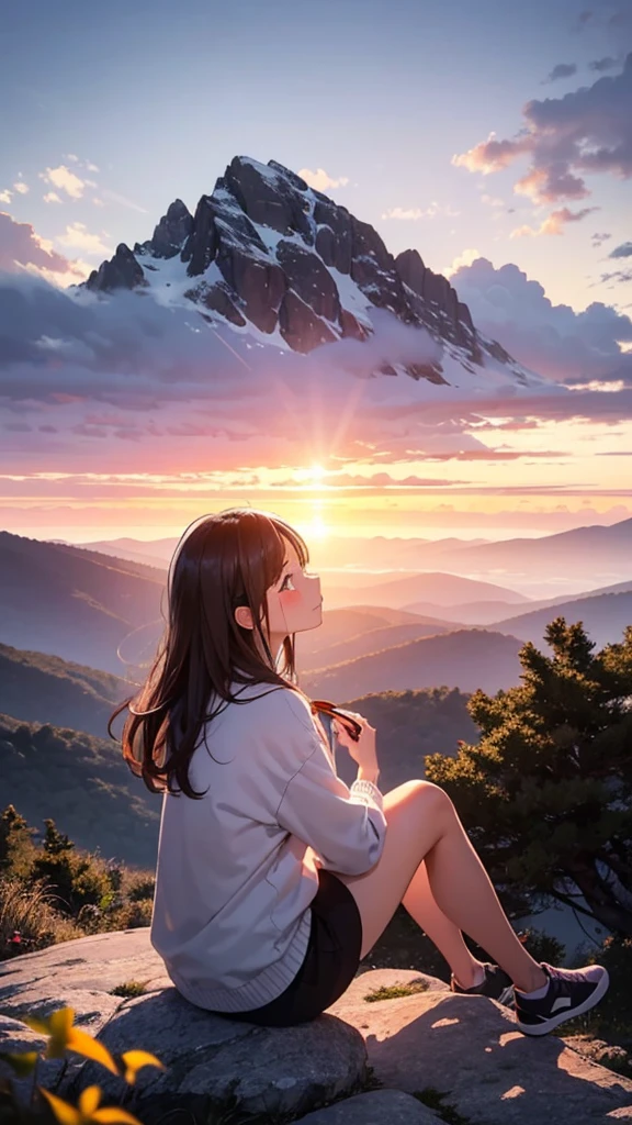 夕暮れ時の美しいMountainの風景, A 25-year-old woman sitting on a rock, Gazing at the sky. She has a thoughtful look, Tears running down her cheeks. the scene is calm, Gentle breezes and soft colors. Mountain々is majestic, Mountain頂には雪が残っている. The sky is a warm orange, pink, Purple and. Woman wearing casual clothes, Symbolizing her journey and determination. background, There is a software, Nostalgic elements, like the faint outlines of memories from one's youth, blend with the beauty of nature..