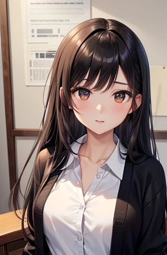 ((Highest quality)),(超High resolution),(Very detailed),(Detailed Description),((The best CG)),(A masterpiece of art),Ultra-detailed art,Amazing painting art,(Art with precise detail:1.5), Portraiture:1.6,Bust Shot:1.4,(1 female:1.5),Beautiful and well-proportioned face:1.5、 Japanese、girl,thin、Small face、Brown eyes、expensive、 High resolution,Black Hair、Long Hair、classroom、White blouse、(Black cardigan:1.2)、、Are standing、mature,Big Breasts