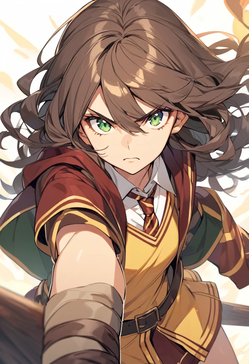 female,light skin ,dark green eyes,long dark brown wavy hair,hogwards uniform,playin Quidditch,serious