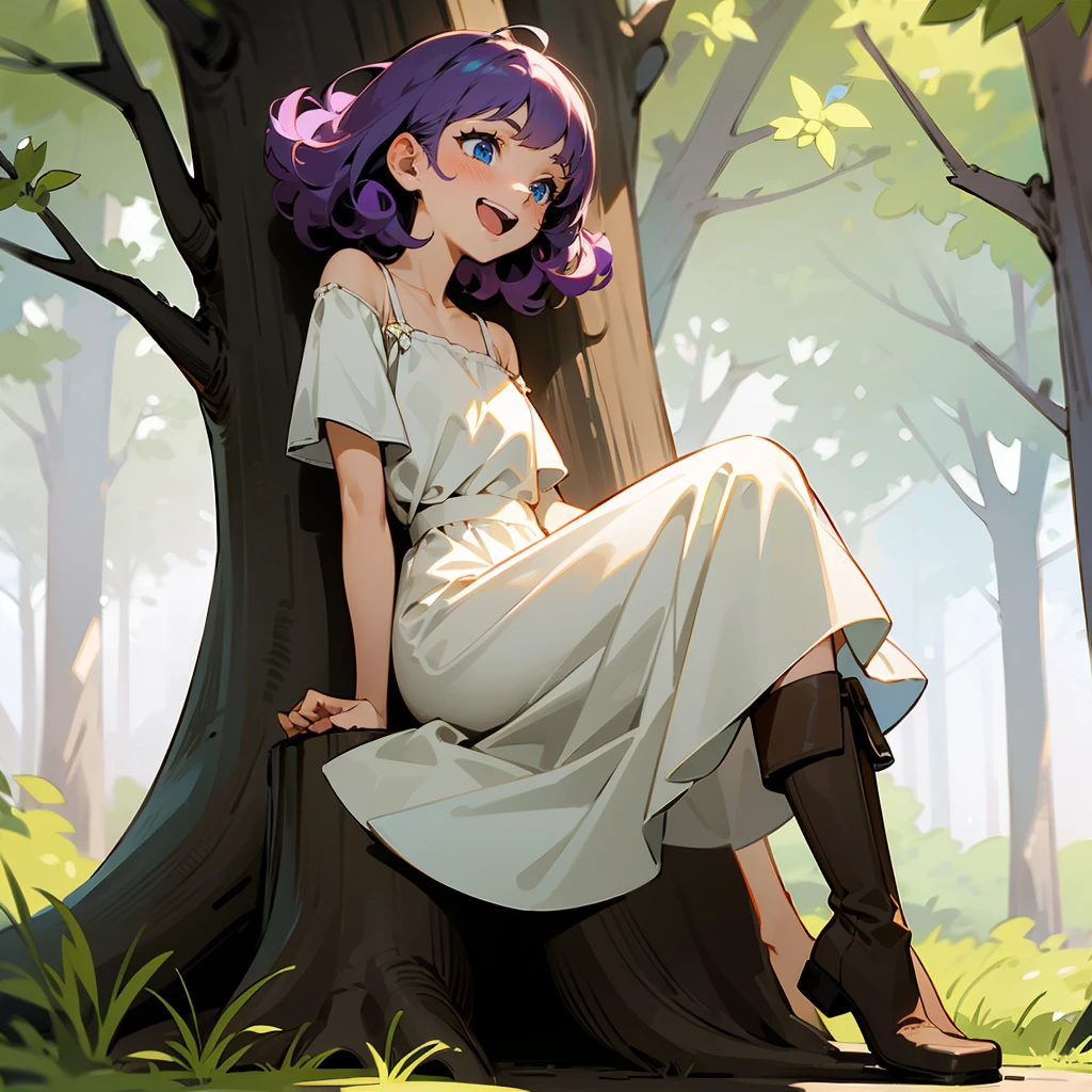 1female, Purple Hair, White Sundress, Curly Hair, Brown Boots, Casual Attire, Blue Eyes, Laughing, , Adult Female, Forest, Sitting on a Tree Stump