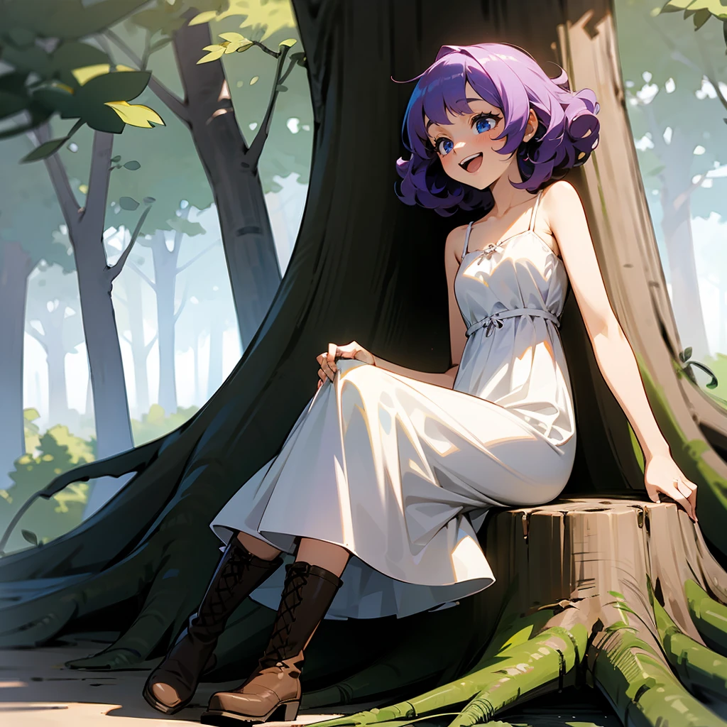 1female, Purple Hair, White Sundress, Curly Hair, Brown Boots, Casual Attire, Blue Eyes, Laughing, , Adult Female, Forest, Sitting on a Tree Stump