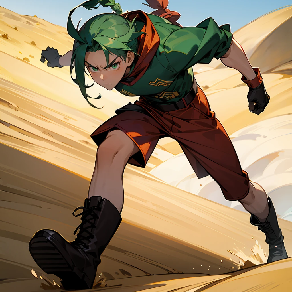 1male, Green Hair, Red Combat Gear, Braided Hair, Black Gloves, Combat Boots, Hazel Eyes, Serious Expression, Muscular, Adult Male, Desert, Running through Sand Dunes
