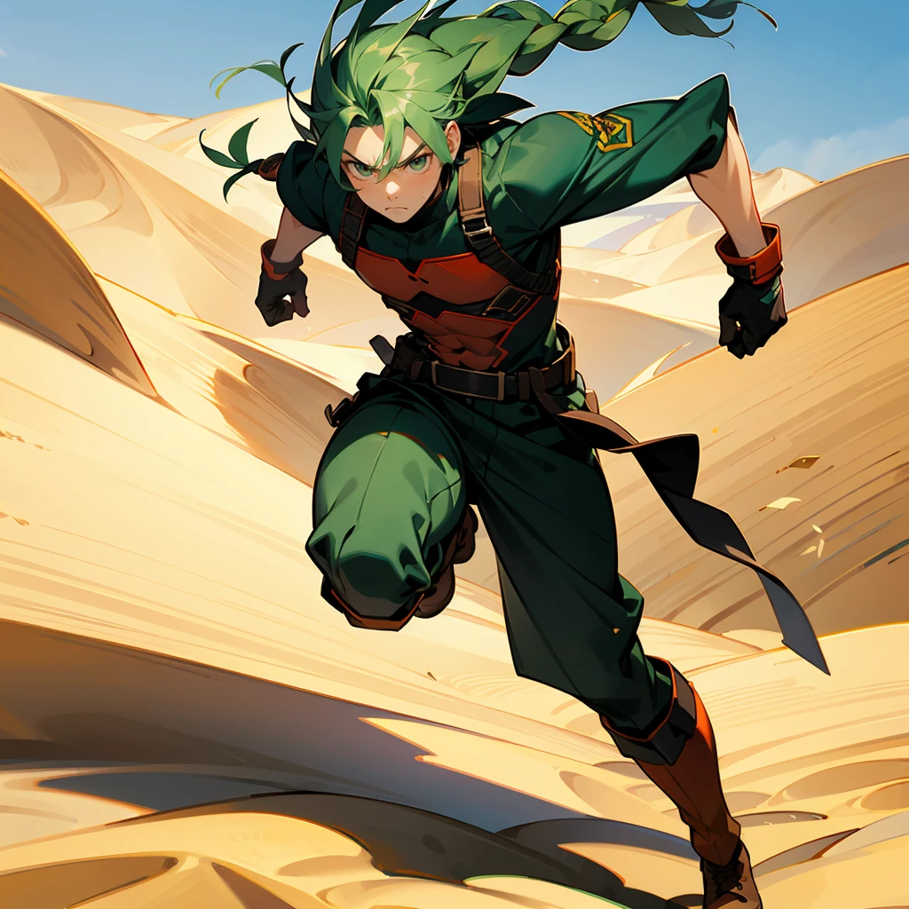 1male, Green Hair, Red Combat Gear, Braided Hair, Black Gloves, Combat Boots, Hazel Eyes, Serious Expression, Muscular, Adult Male, Desert, Running through Sand Dunes