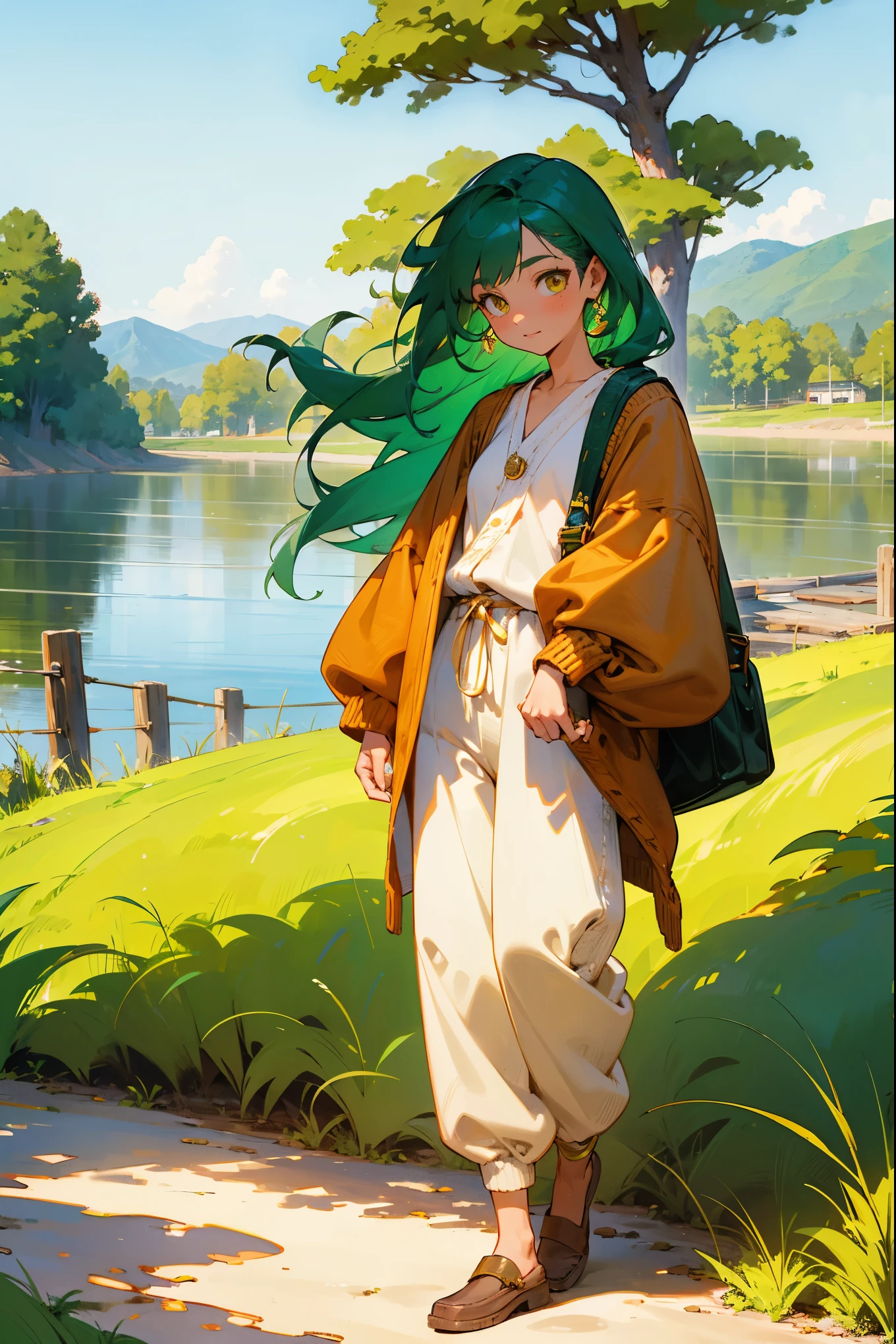 1female, rich emerald green hair, styled in loose, flowing waves, bright amber eyes, serene expression, oversized rust-colored cardigan with a cozy knit pattern, baggy cream-colored trousers, comfortable tan moccasins, a delicate gold anklet, picturesque countryside background with rolling hills and a clear blue sky, detailed face, hands to side, standing on path