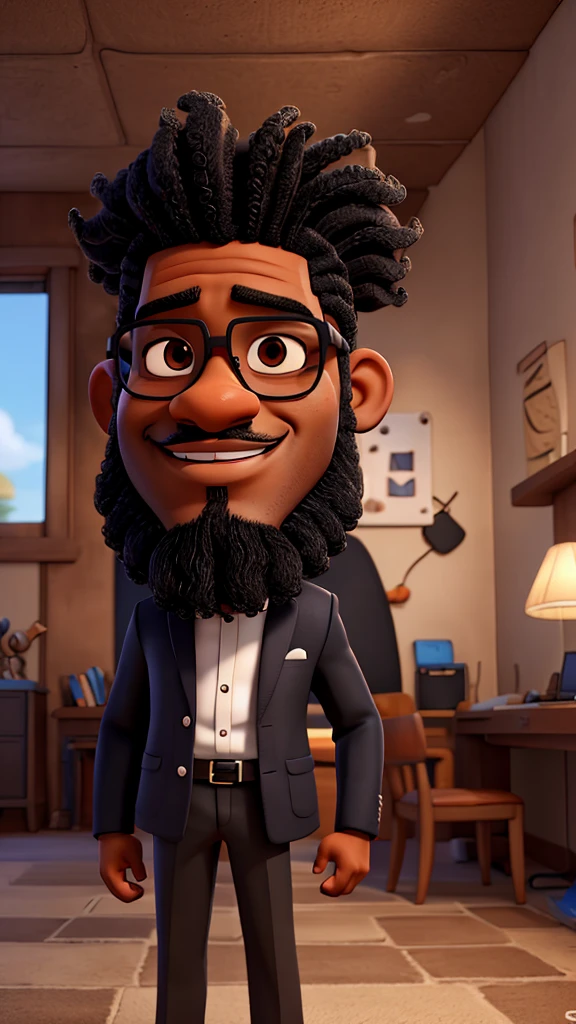 Cartoon a black man with a level beard, wearing glasses and hair with waves
