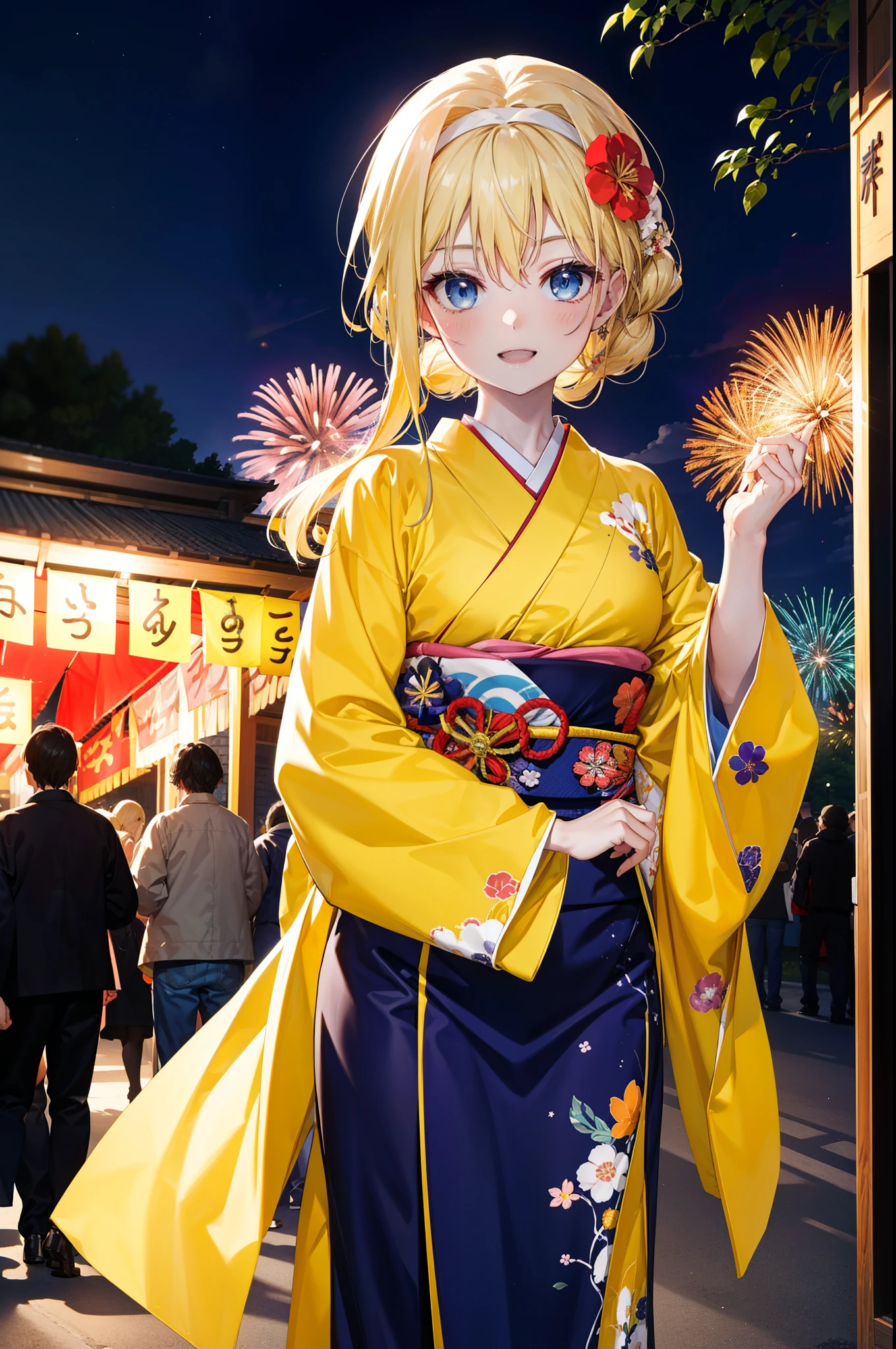 Alicesburg, Alice Zuberg, bangs, blue eyes, Blonde, Hair between the eyes, Long Hair,Flower Hair Ornaments,hair tied back, hair band, white hair band,Yellow Kimono,happy smile,smile, Open your mouth,Fireworks in the night sky、Fireworks,The place is a fireworks display,Time is night,sunny day,Japanese Festivals,Summer festival food stalls,Red lantern,whole bodyがイラストに入るように
break outside, shrine,
break looking at viewer, whole body,(Cowboy Shot:1.5),
break (masterpiece:1.2), Highest quality, High resolution, unity 8k wallpaper, (figure:0.8), (Beautiful attention to detail:1.6), Highly detailed face, Perfect lighting, Highly detailed CG, (Perfect hands, Perfect Anatomy),